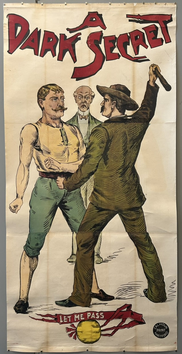 The poster prominently features the title "A Dark Secret" in large, red lettering at the top. The central image depicts a dramatic scene with three male figures, suggesting a moment of conflict or tension, with the phrase "LET ME PASS" at the bottom.