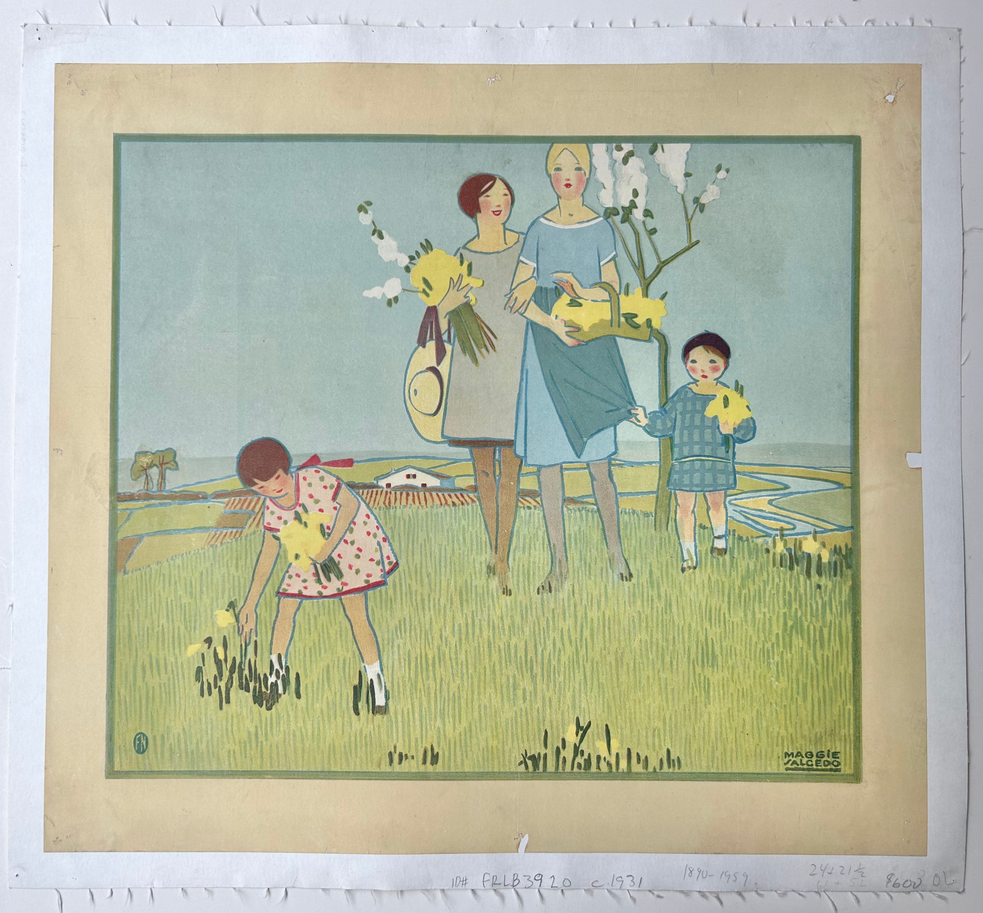 Mother and Children in Field Print