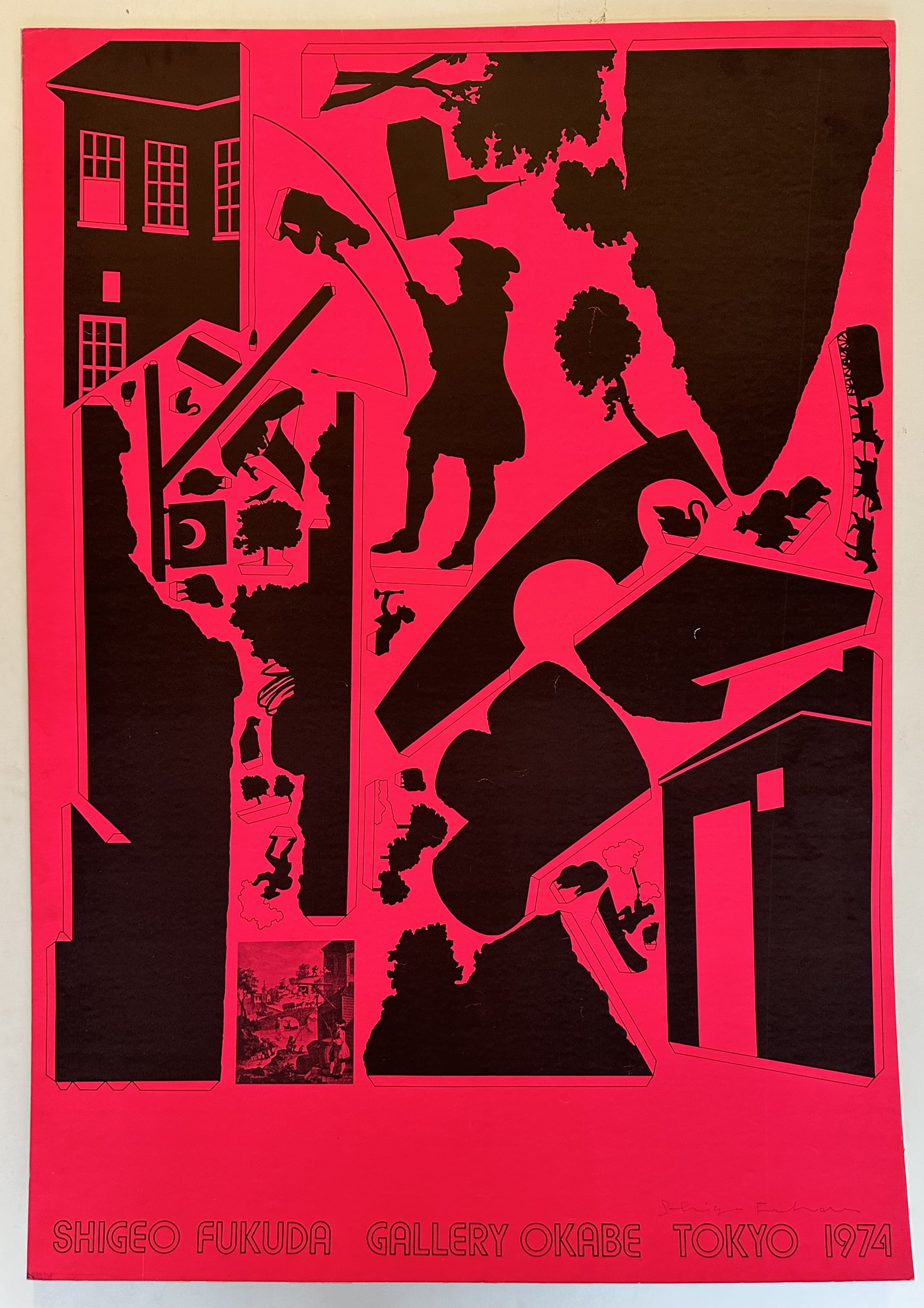 A red and black poster featuring various abstract shapes and figures, reminiscent of cut-outs. The text "SHIGEO FUKUDA GALLERY OKABE TOKYO 1974" is printed at the bottom.