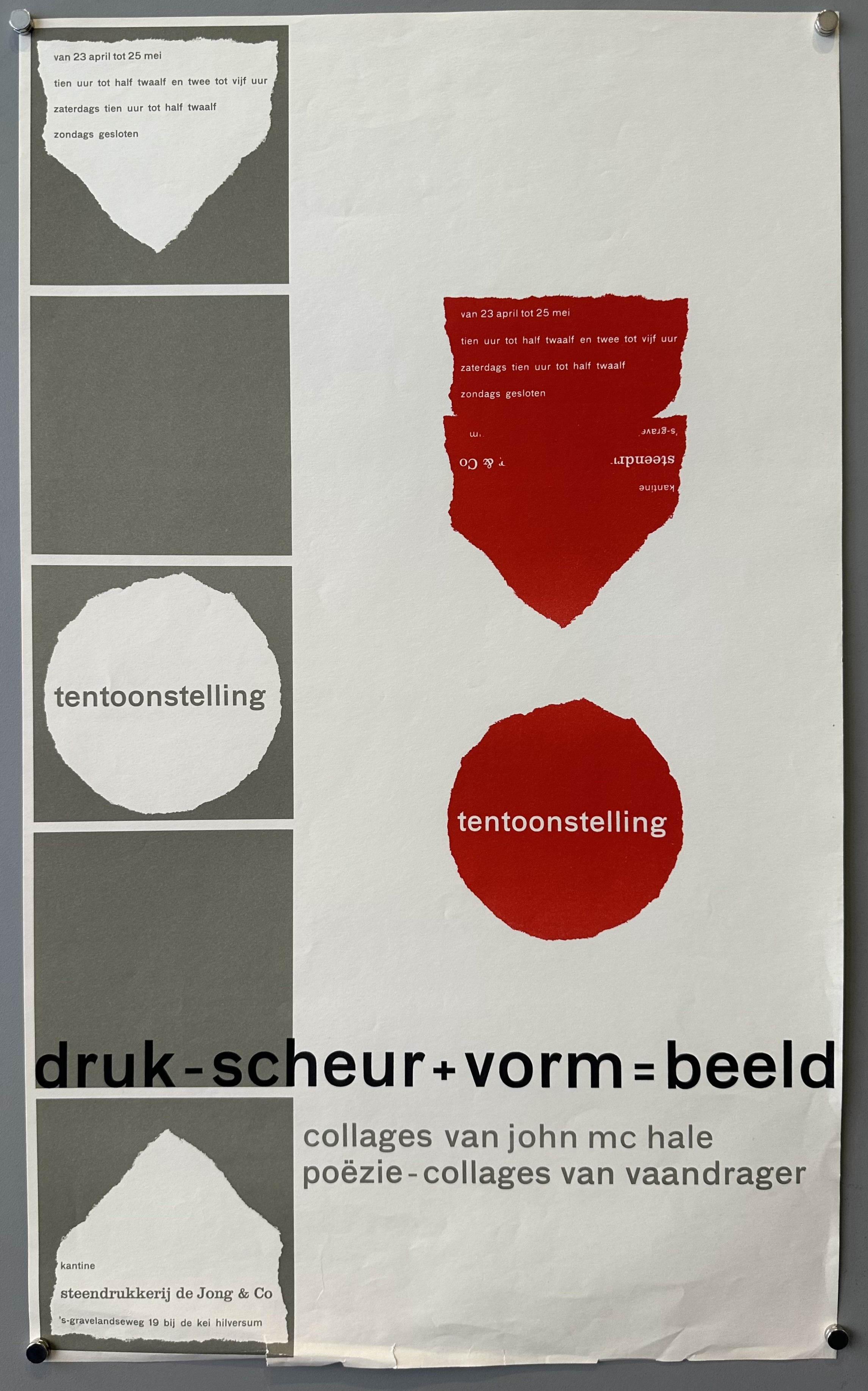 Poster promoting a collage exhibition with grey and white background and red accents.