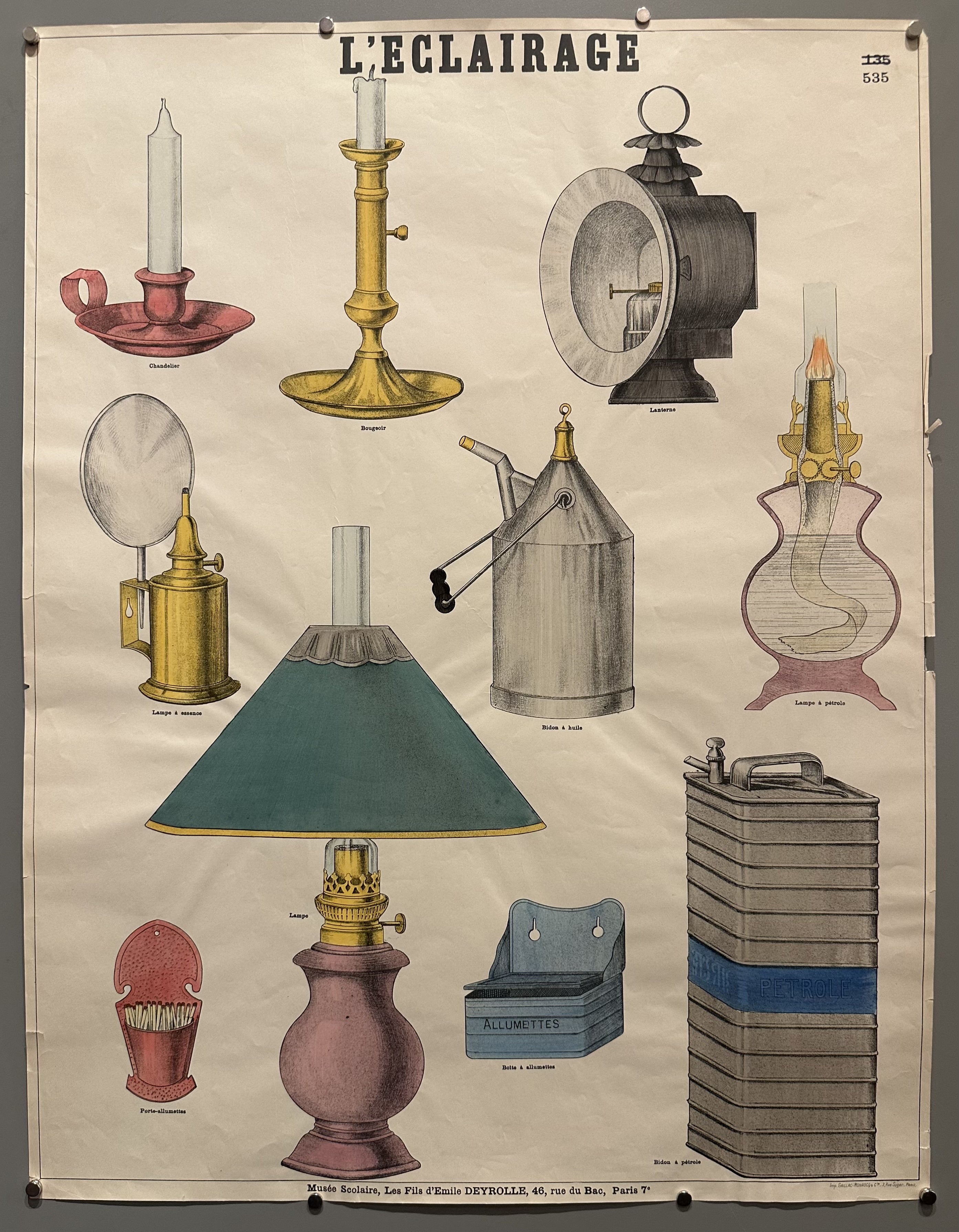 Illustrated standalone types of lighting with French captions to help children learn what they are called.