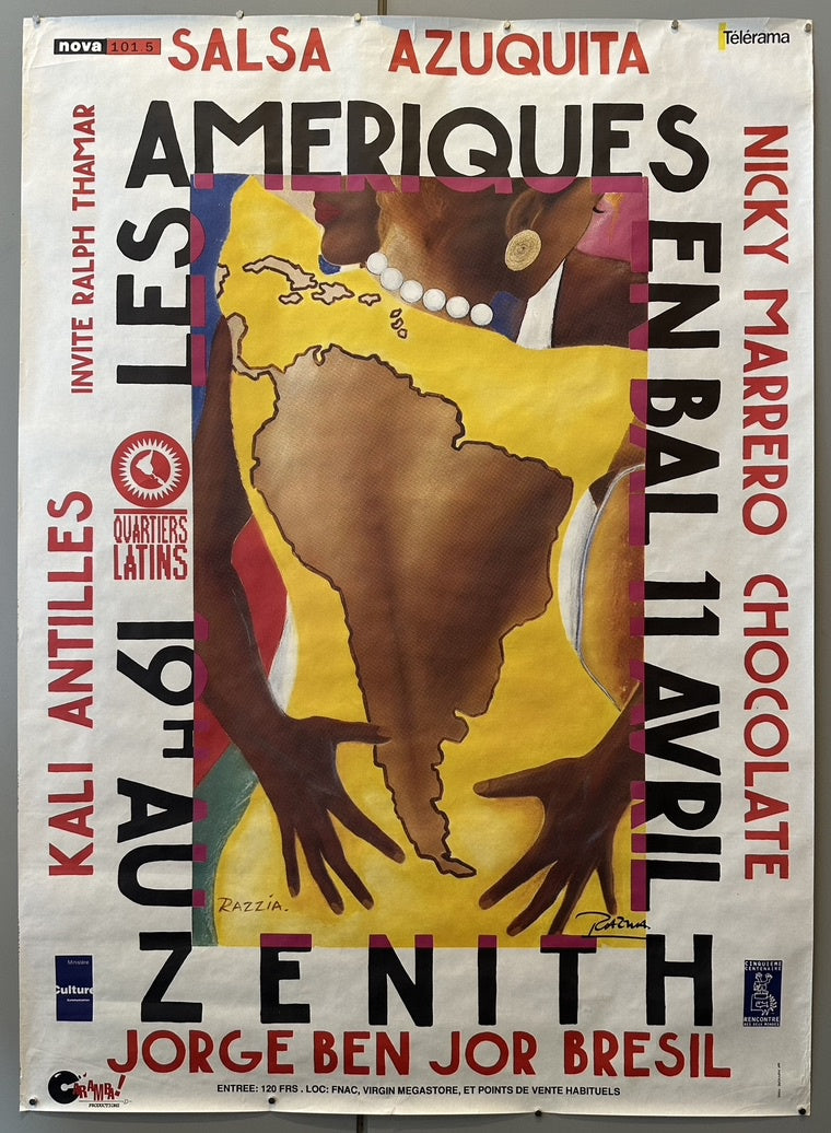 The poster was created for a Latin music event titled "Les Ameriques en Bal" at Zenith, a concert venue in Paris, France, featuring artists like Salsa, Azucar, and Jorge Ben Jor.