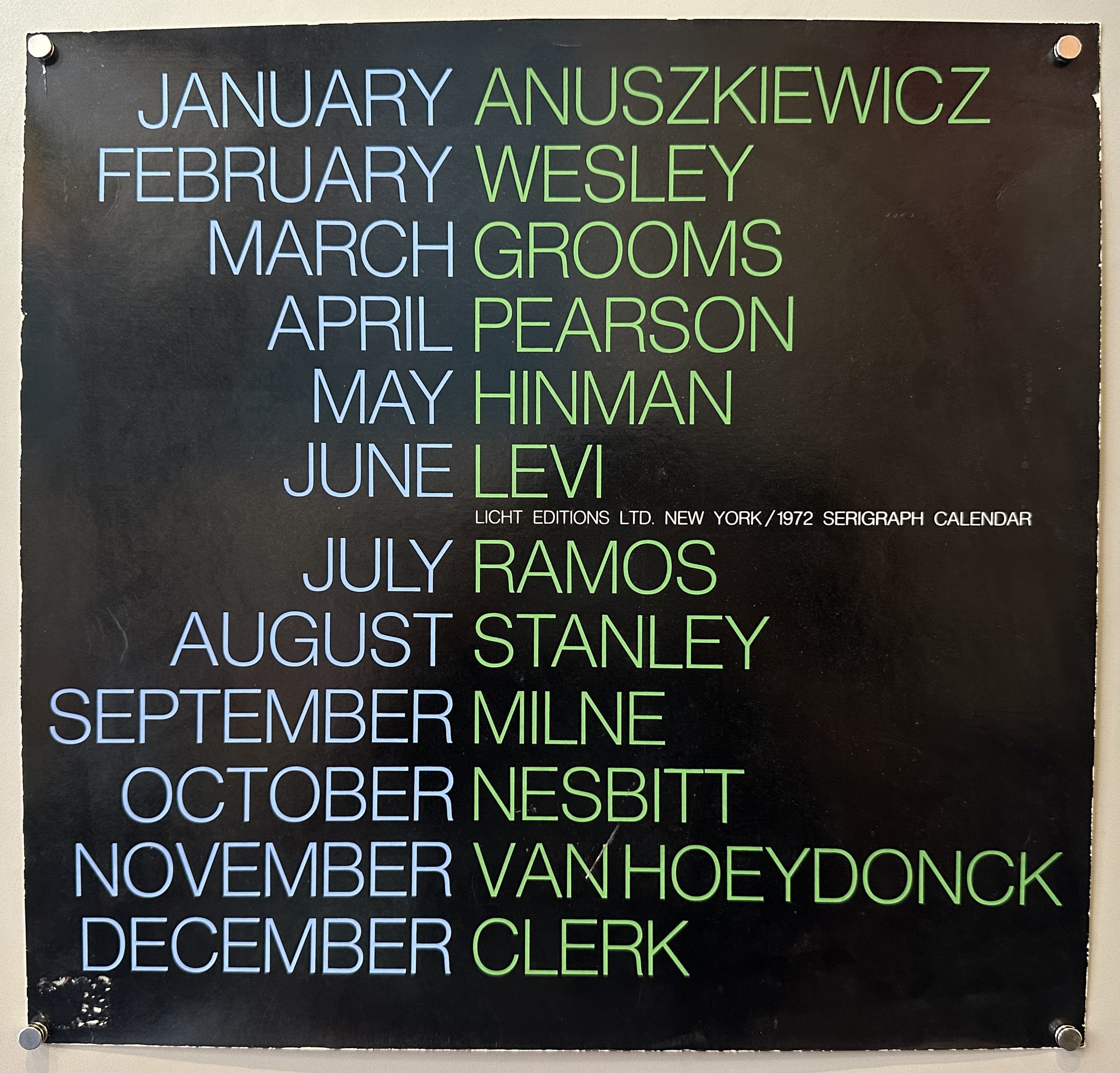 Black square poster with months listed in blue and artists listed in green.