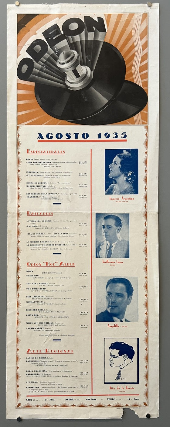 Poster for 'ODEON' cinema from August 1935, featuring a large graphic of a phonograph record and needle at the top, followed by a list of 'ESPECIALIDADES' (specialties) and 'BALLETTEN' (ballets) with corresponding prices and small portraits of performers