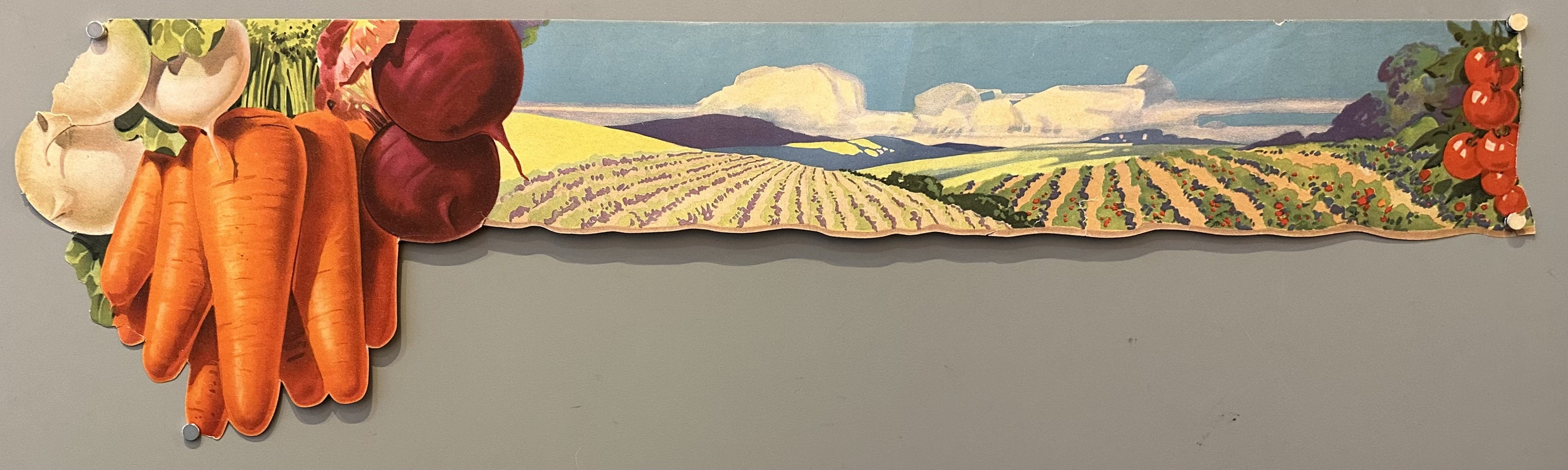 A vivid banner-type poster featuring a lush farmland and beets, onions, carrots, and tomatoes framing the edges of it.