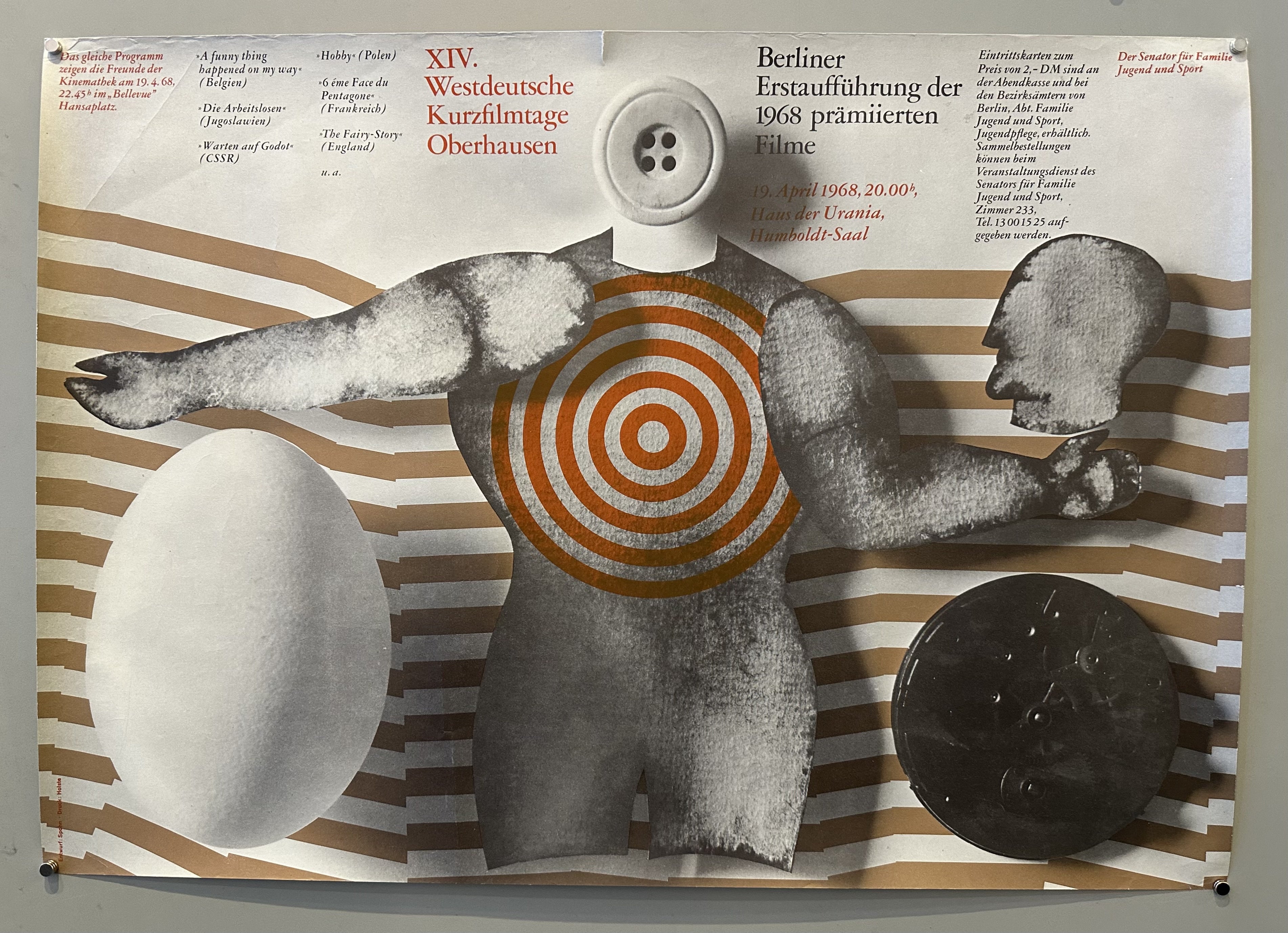 A black and white poster with a collage of images. A target with a button in the center is the most prominent image. To the right, there is a side profile of a head, and below, an egg-like shape. Text is in German.