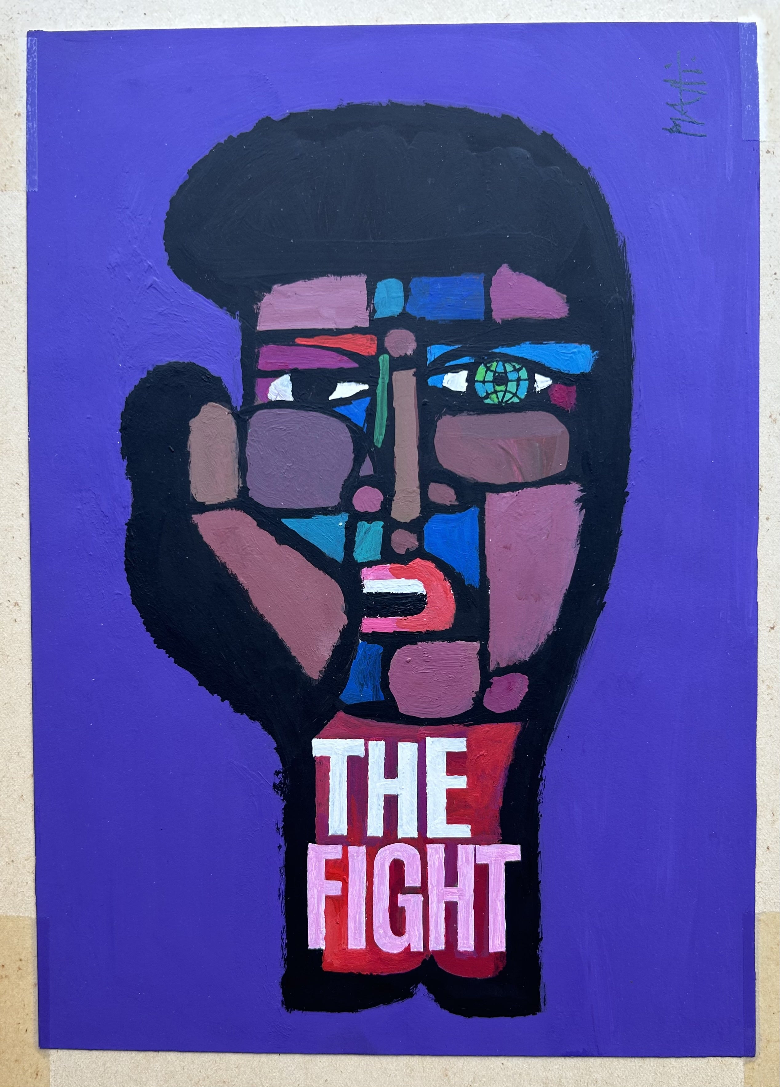 Original artwork of an unused design by Celestino Piatti for a boxing match featuring a purple background and a personfied boxing glove figure looking up sadly.