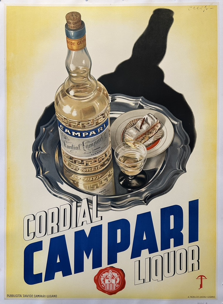 Cordial Campari Liquor, featuring a bottle, glass, and plate on a silver tray with a long shadow.