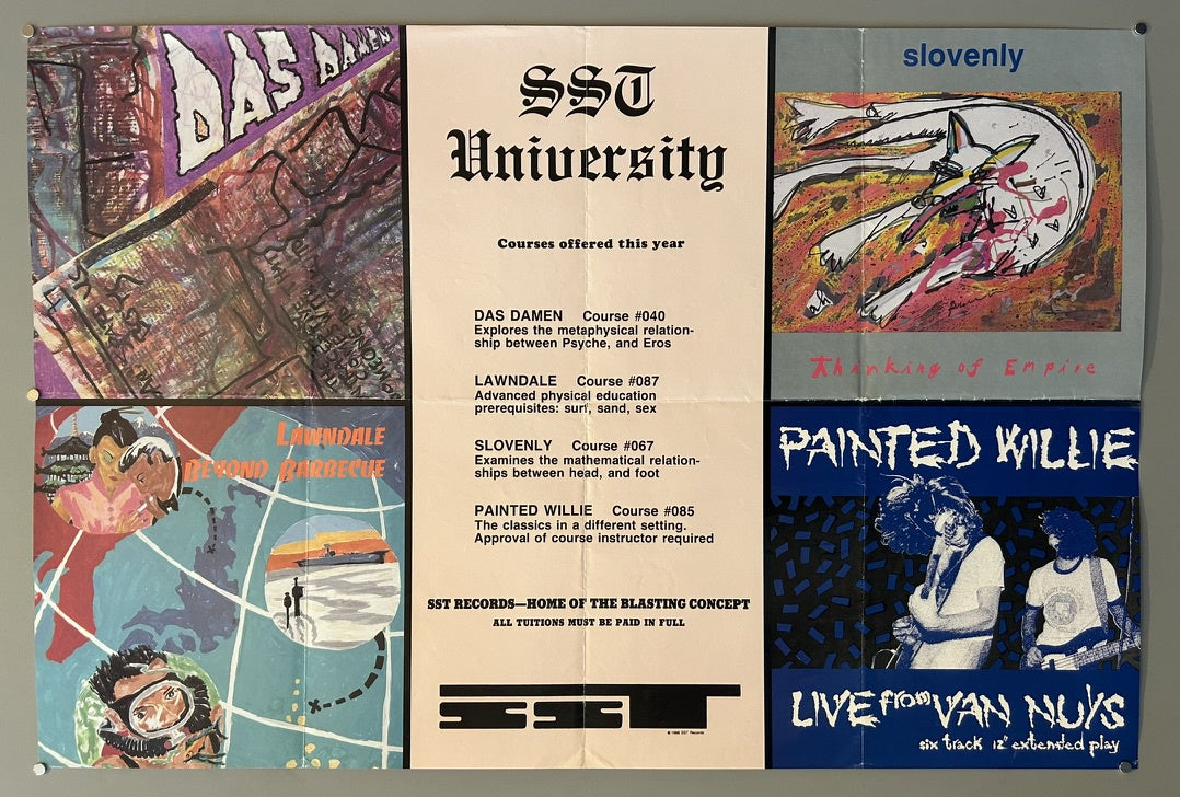 A poster for "SST University" listing courses offered, surrounded by album cover art from bands on SST Records.