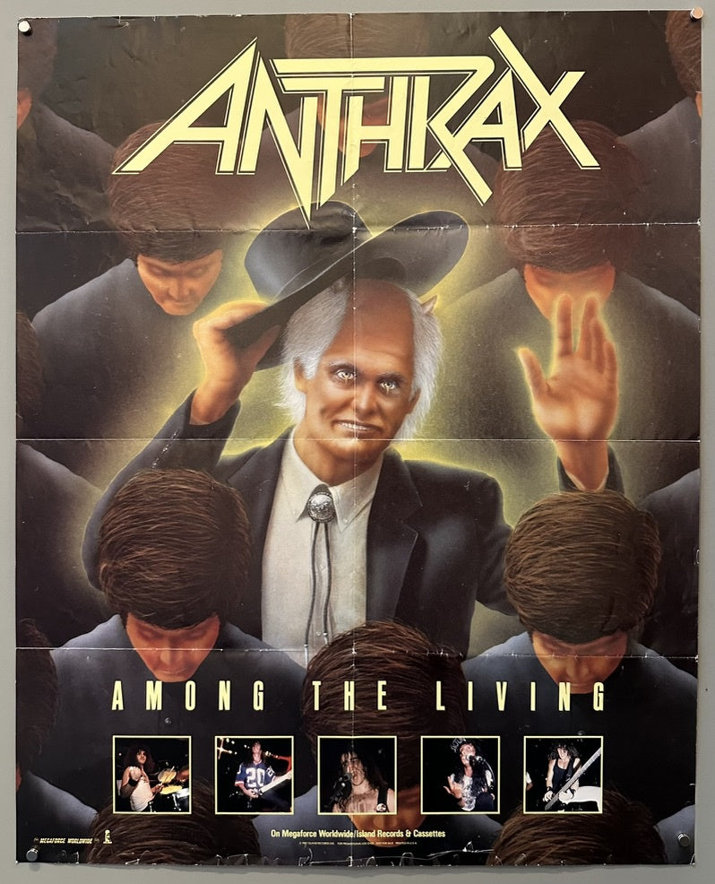 Anthrax's album "Among the Living." The poster features a central figure resembling a preacher or cult leader, with white hair and a cowboy hat, surrounded by shadowy figures with similar hairstyles. The band's logo, "ANTHRAX," is prominently displayed at the top, and "AMONG THE LIVING" is written below the central figure.
