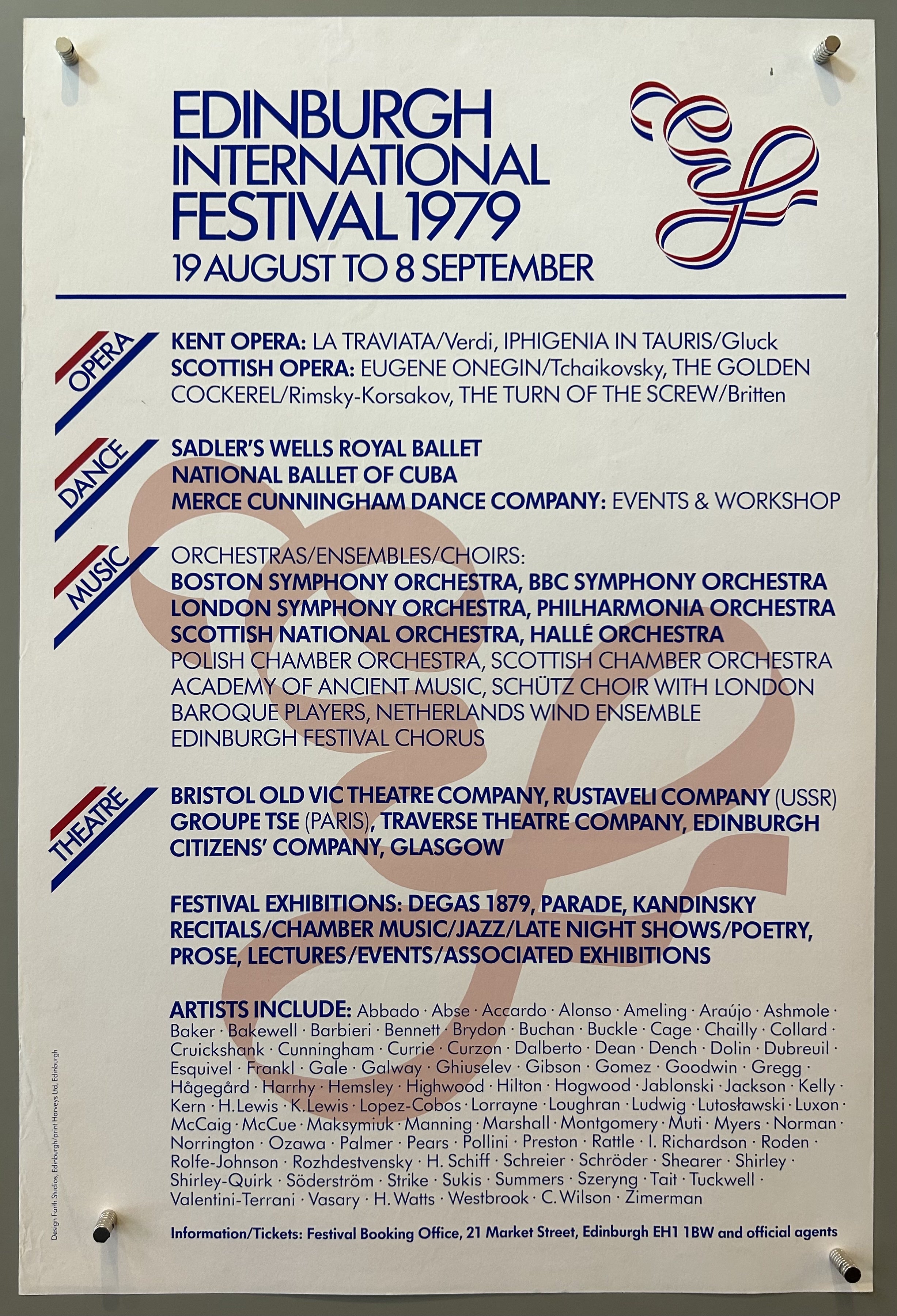 White poster with blue text and red accent colors listing out the acts for the Edinburgh International Festival in 1979.