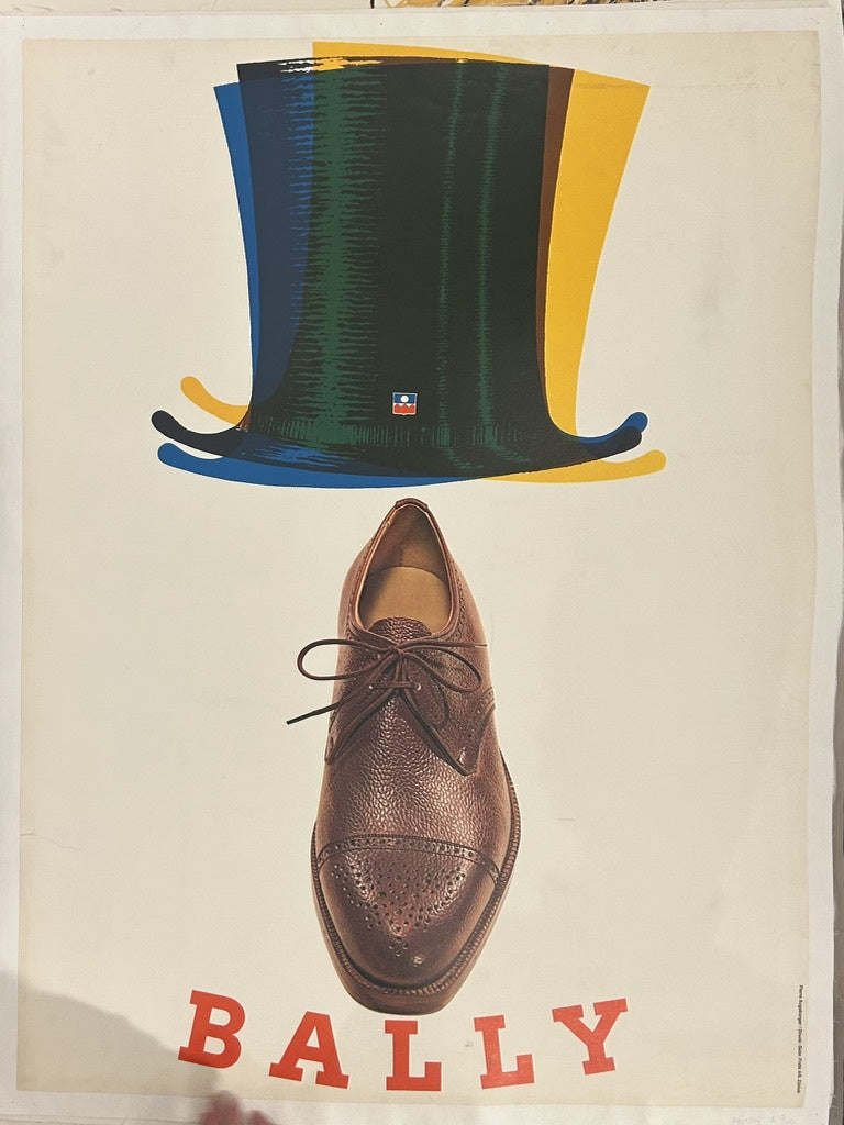 The poster features a prominent brown leather shoe with brogue detailing and a stylized, colorful top hat above it, with the Bally logo subtly placed within the hat design.