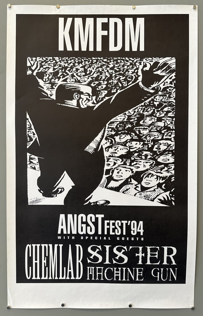 The image is a poster from the KMFDM Angstfest '94 tour, which featured special guests Chemlab and Sister Machine Gun. KMFDM is an industrial music act founded in Germany in 1984. The Angstfest Tour was in support of their album Angst, released in 1993.