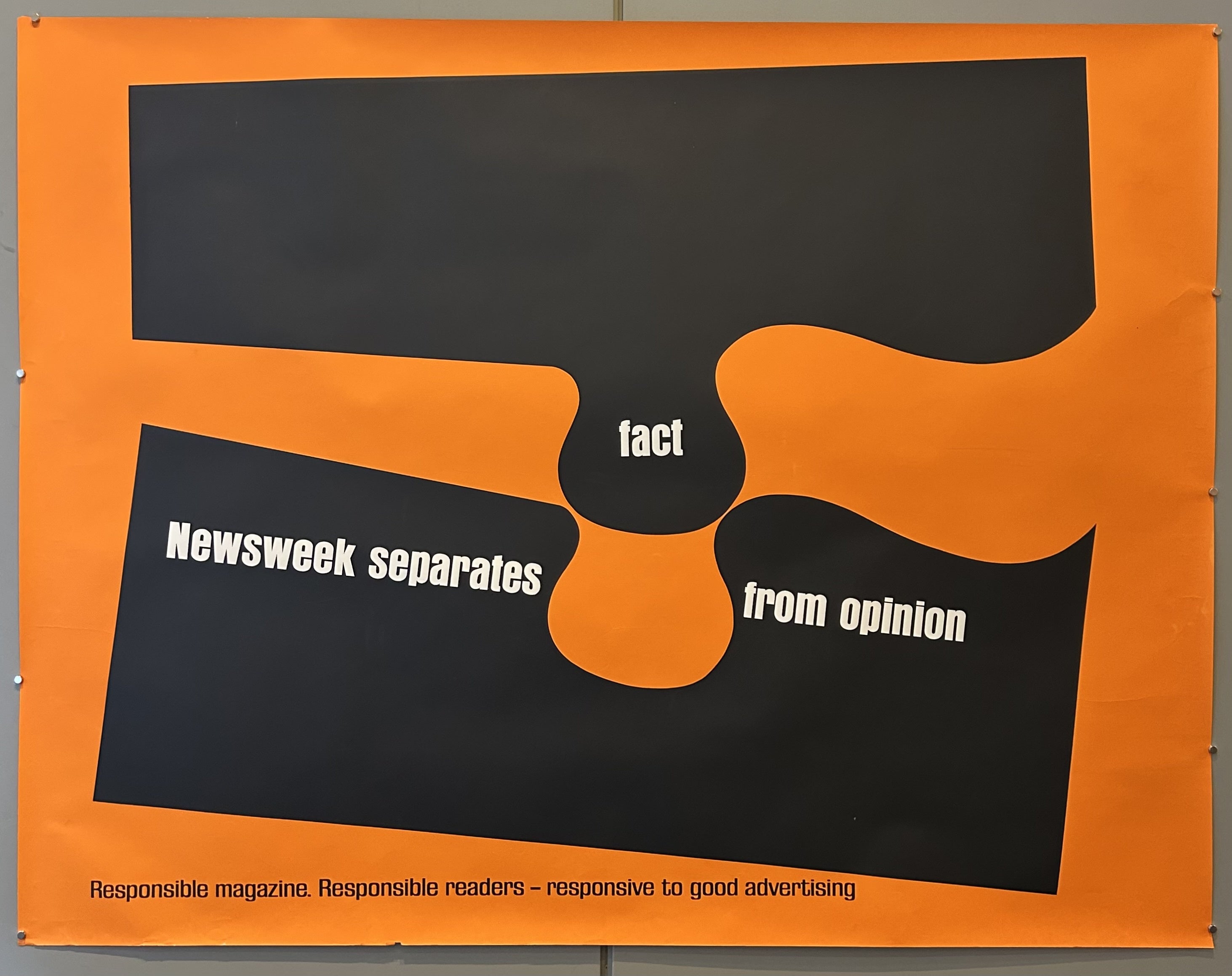 This poster is a vintage Newsweek magazine advertisement that visually represents the publication's commitment to separating "fact from opinion".
