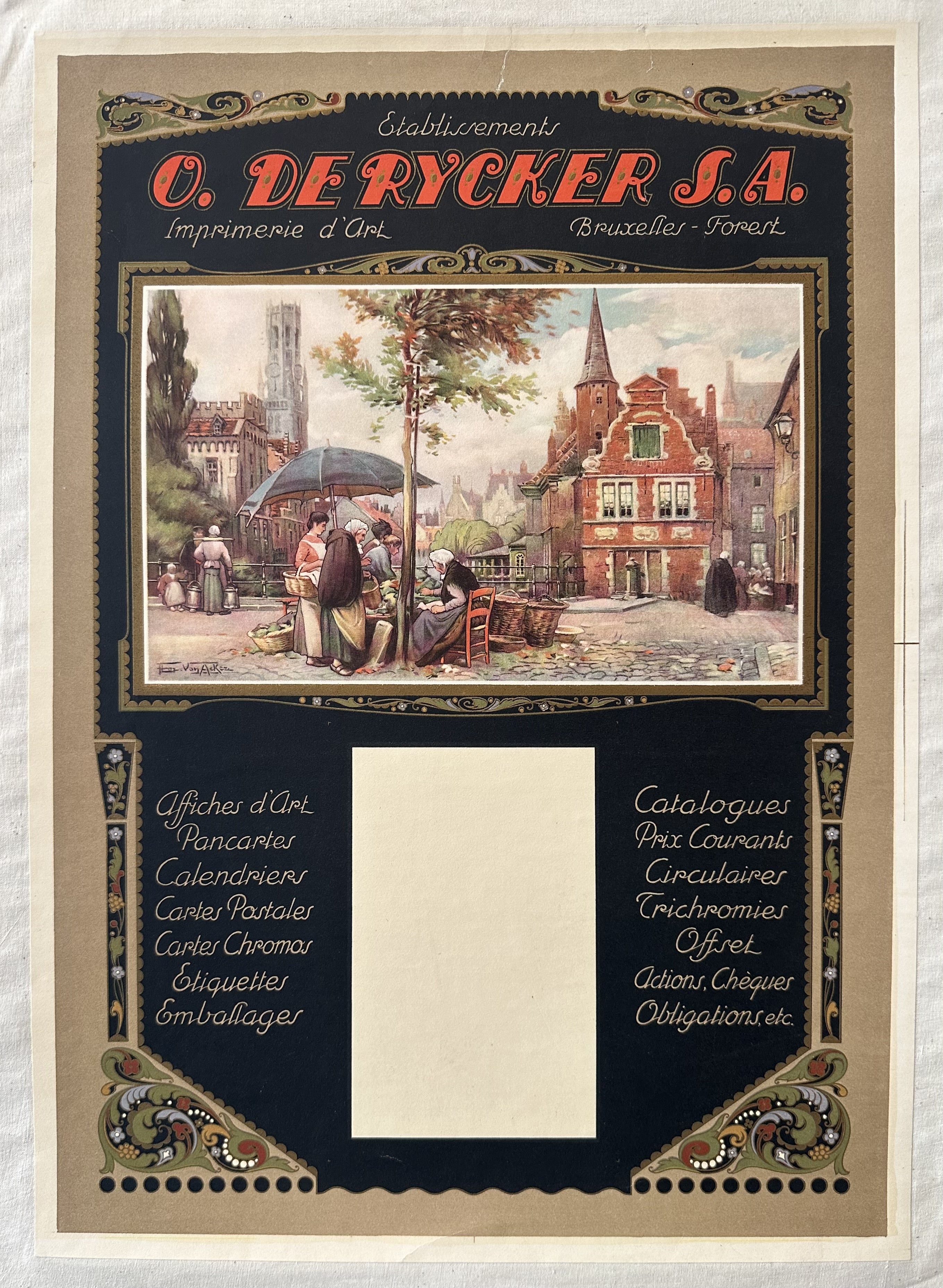 An advertisement for the O. De Rycker S.S. company, They display an image of a city and people eating at a table. Around the image is lists of the companies services.