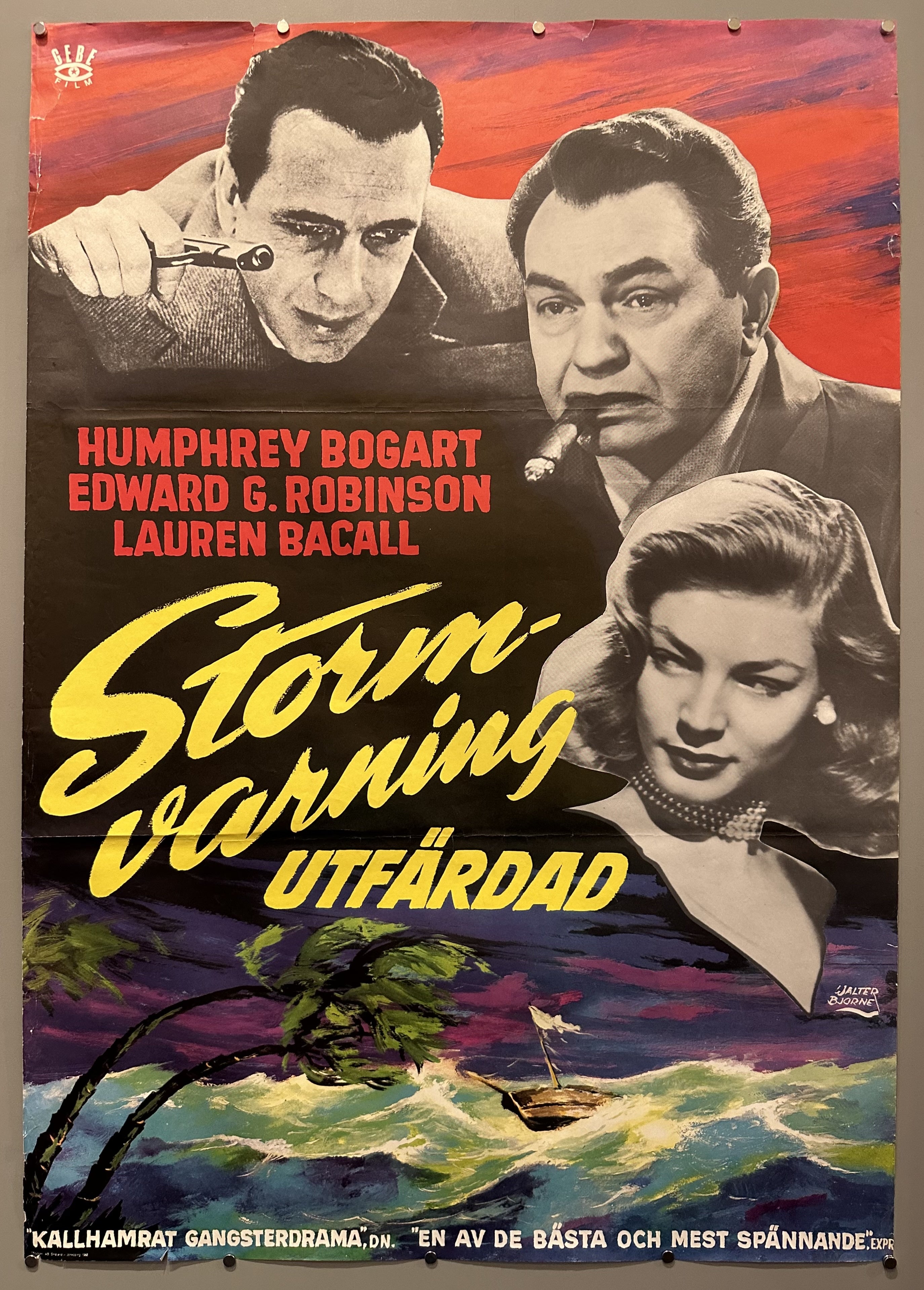 Black and white cut outs of each actor's headshot overlaid on an oil painting of a tropical storm to promote 'Key Largo'.