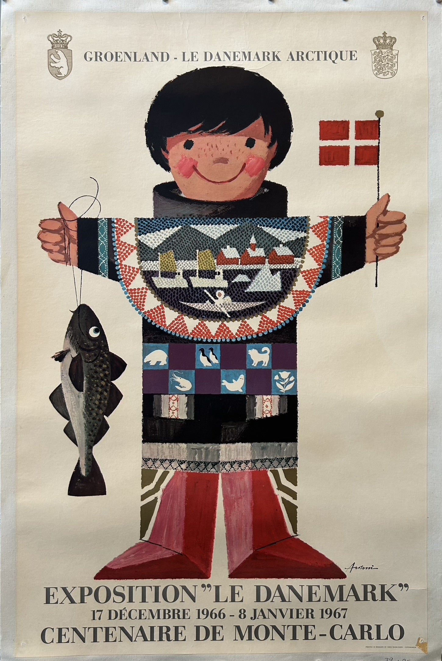 This poster is an original vintage travel poster titled "Greenland Arctic Denmark" (or "Groenland - Le Danemark Arctique" in French). It was created by the renowned Danish illustrator Ib Antoni around 1960.