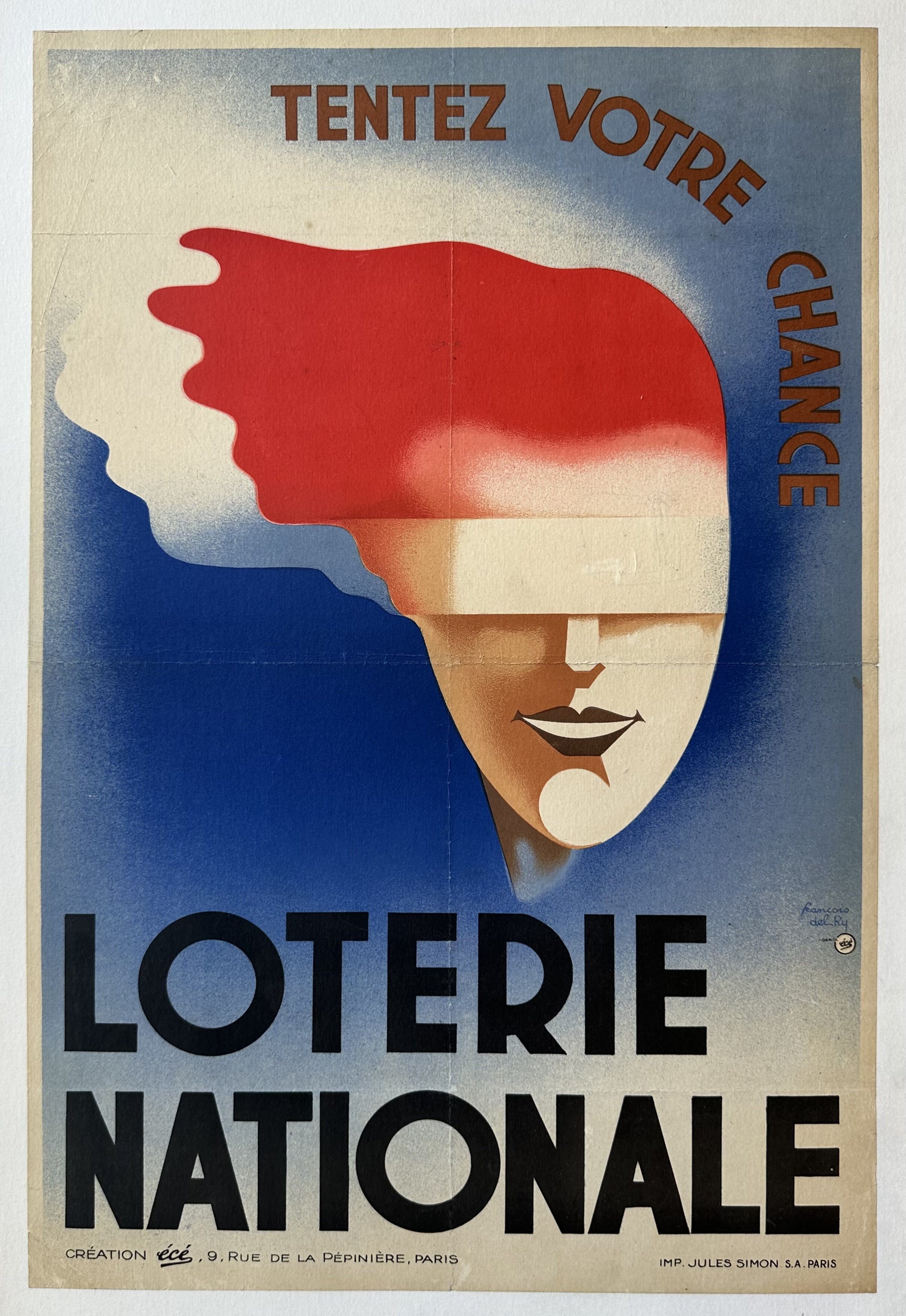 A vintage French poster for the Loterie Nationale (National Lottery) featuring a woman blindfolded, her hair blowing in the wind, with the text "Tentez Votre Chance" (Try Your Luck).