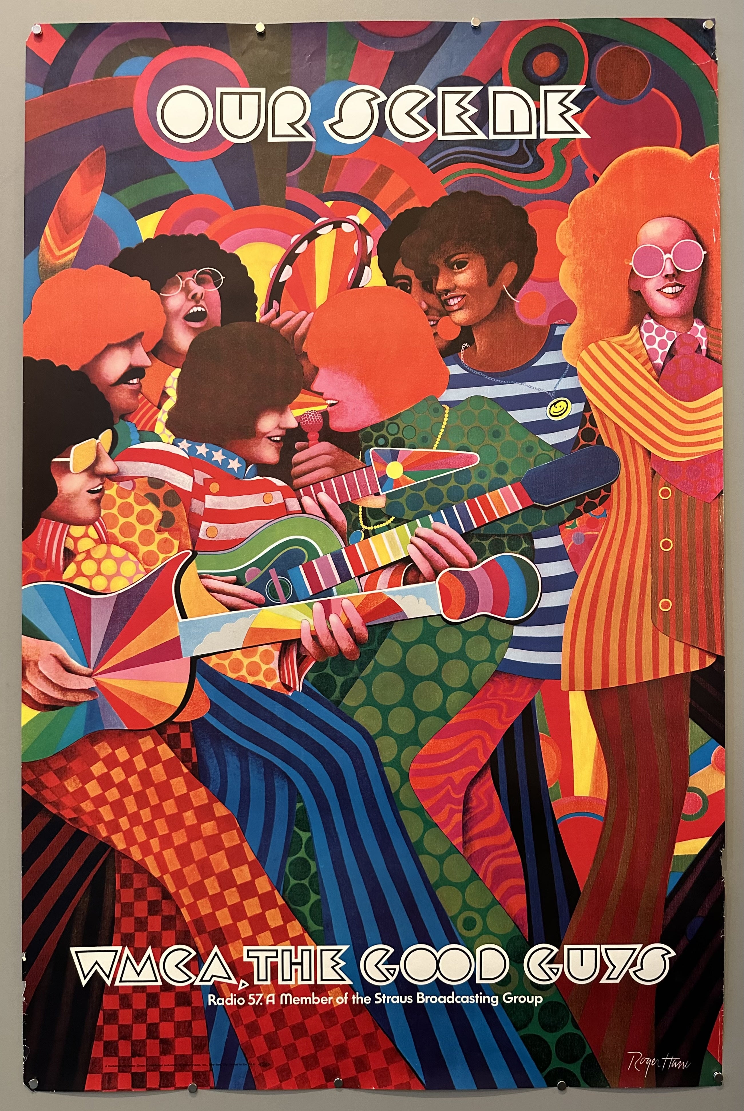 People dressed in colorful clothing playing guitars in this poster for WMCA Radio.