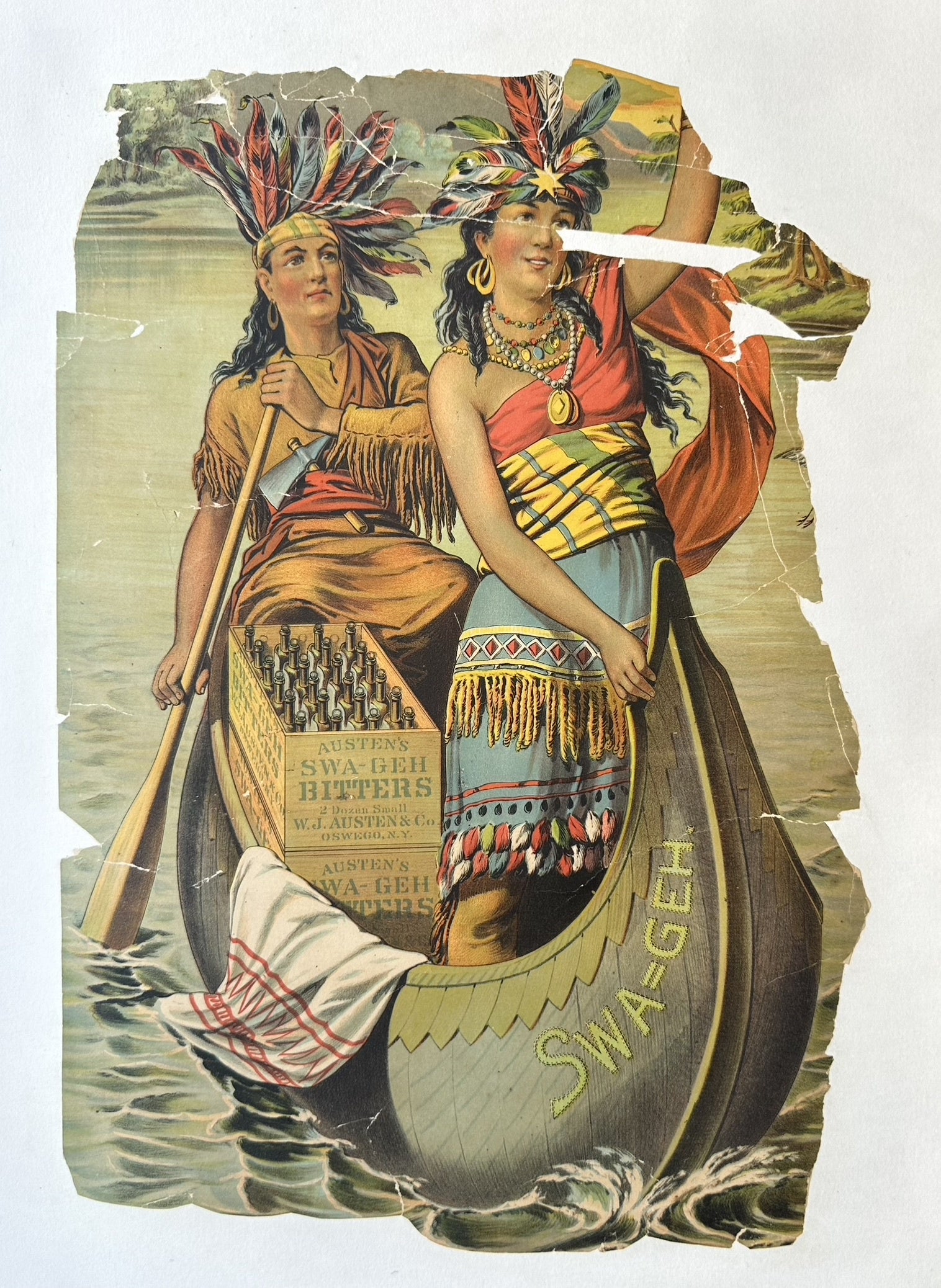 Vintage advertisement featuring two Native American figures in a canoe with a crate of "Austen's Swa-Geh Bitters."