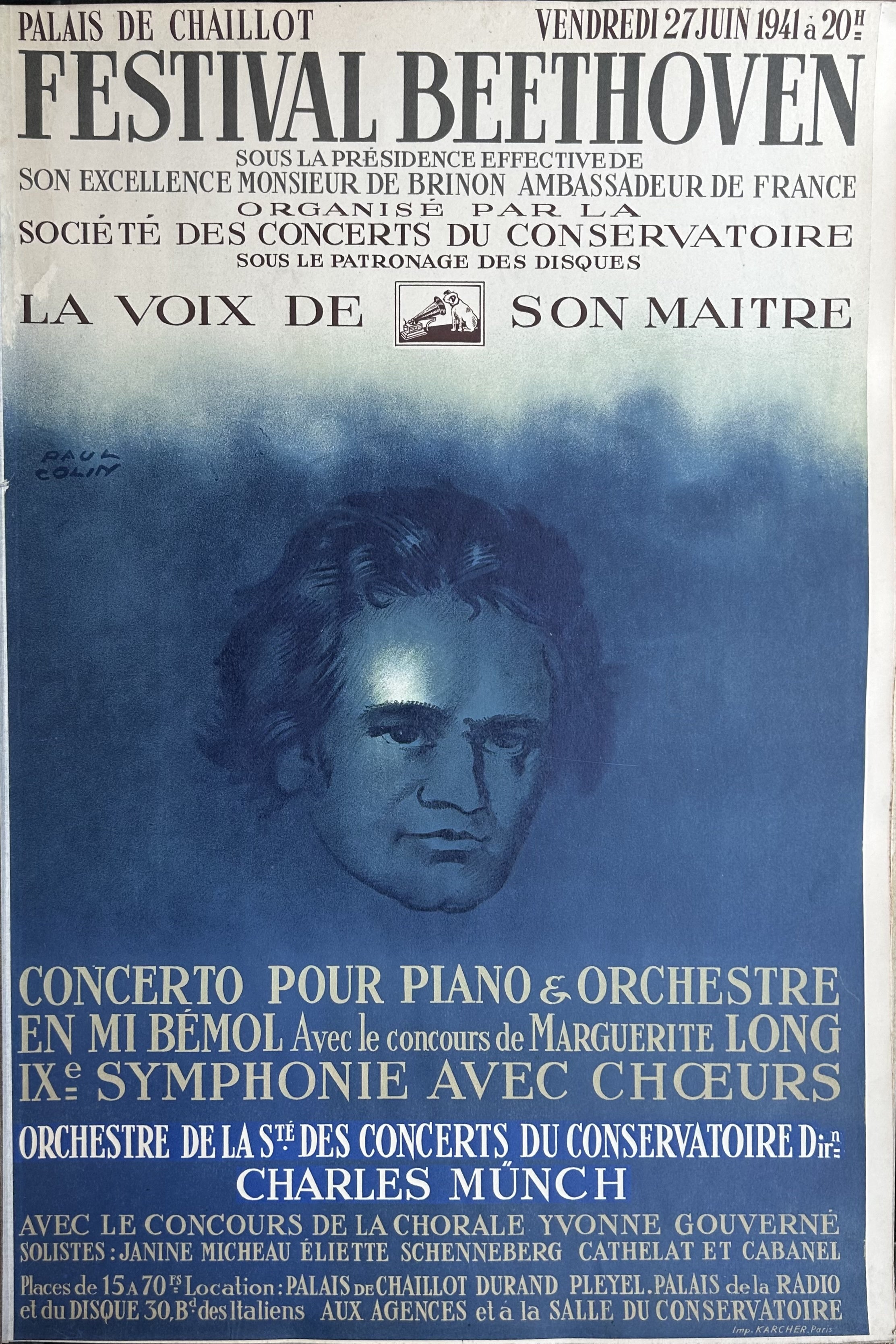 Blue poster by Paul Colin of Beethoven's face and text above and below advertising a festival of his compositions.