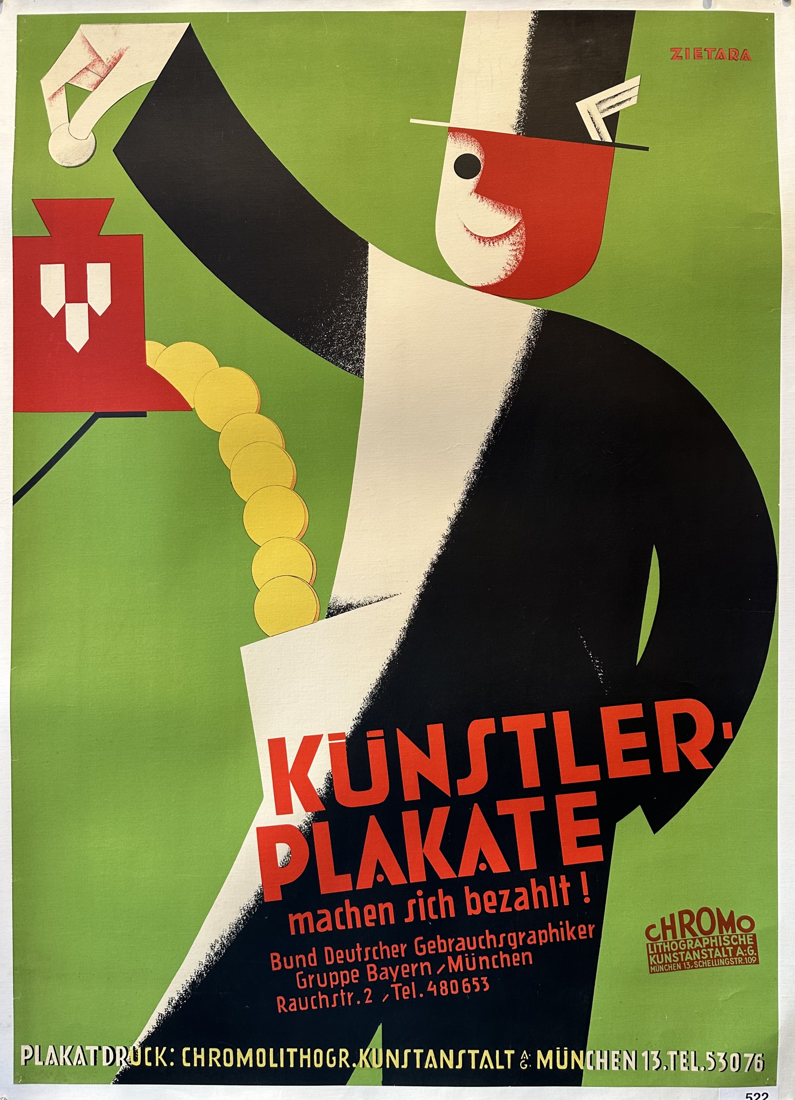 A vintage poster with bold, stylized text and geometric shapes in vibrant colors reads "Künstler Plakate machen sich bezahlt!" (Artist posters pay off!), promoting artistic posters for advertising.