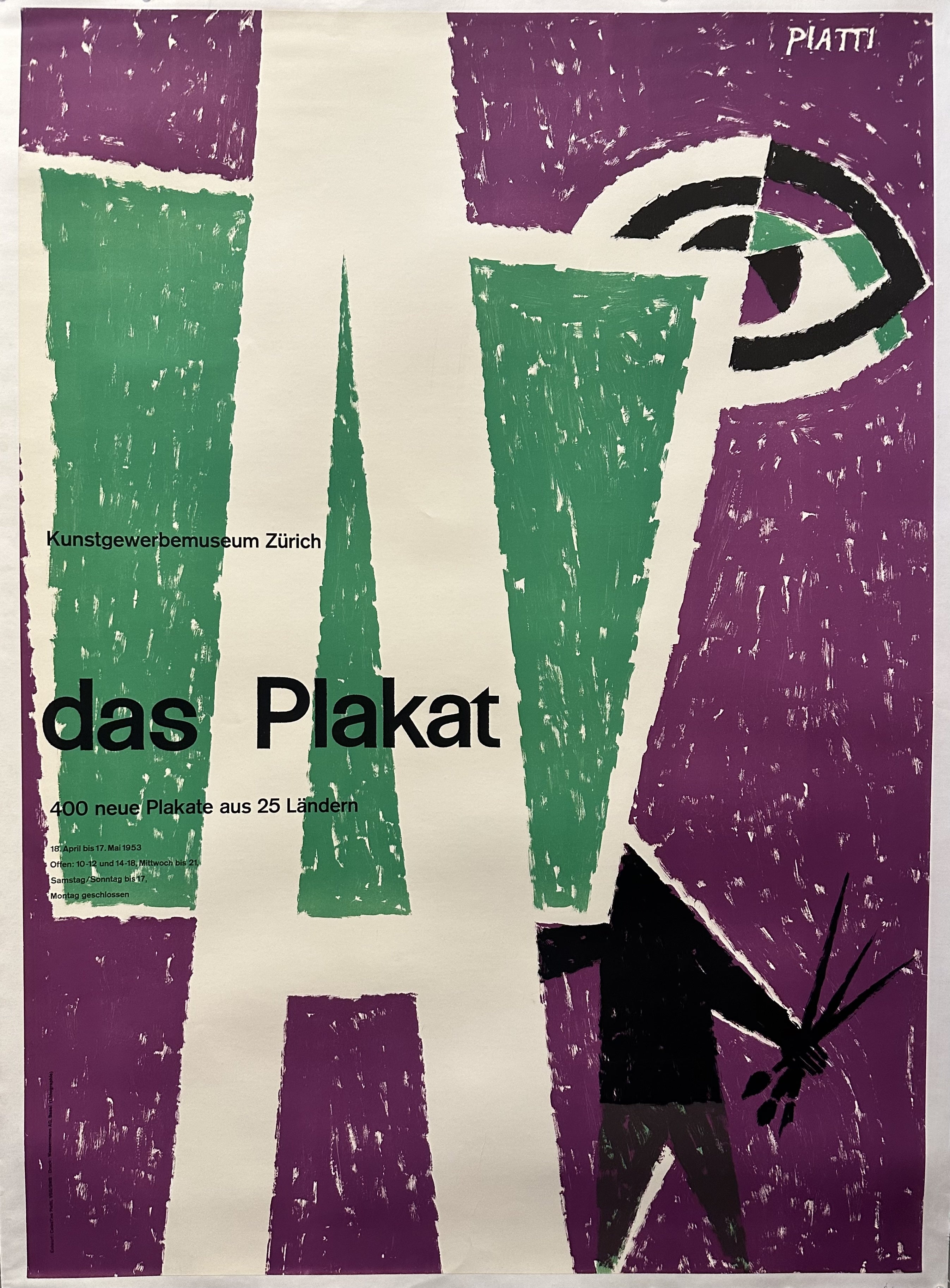 Purple background with back of green easel and unseen man painting behind it for poster exhibition in Switzerland.