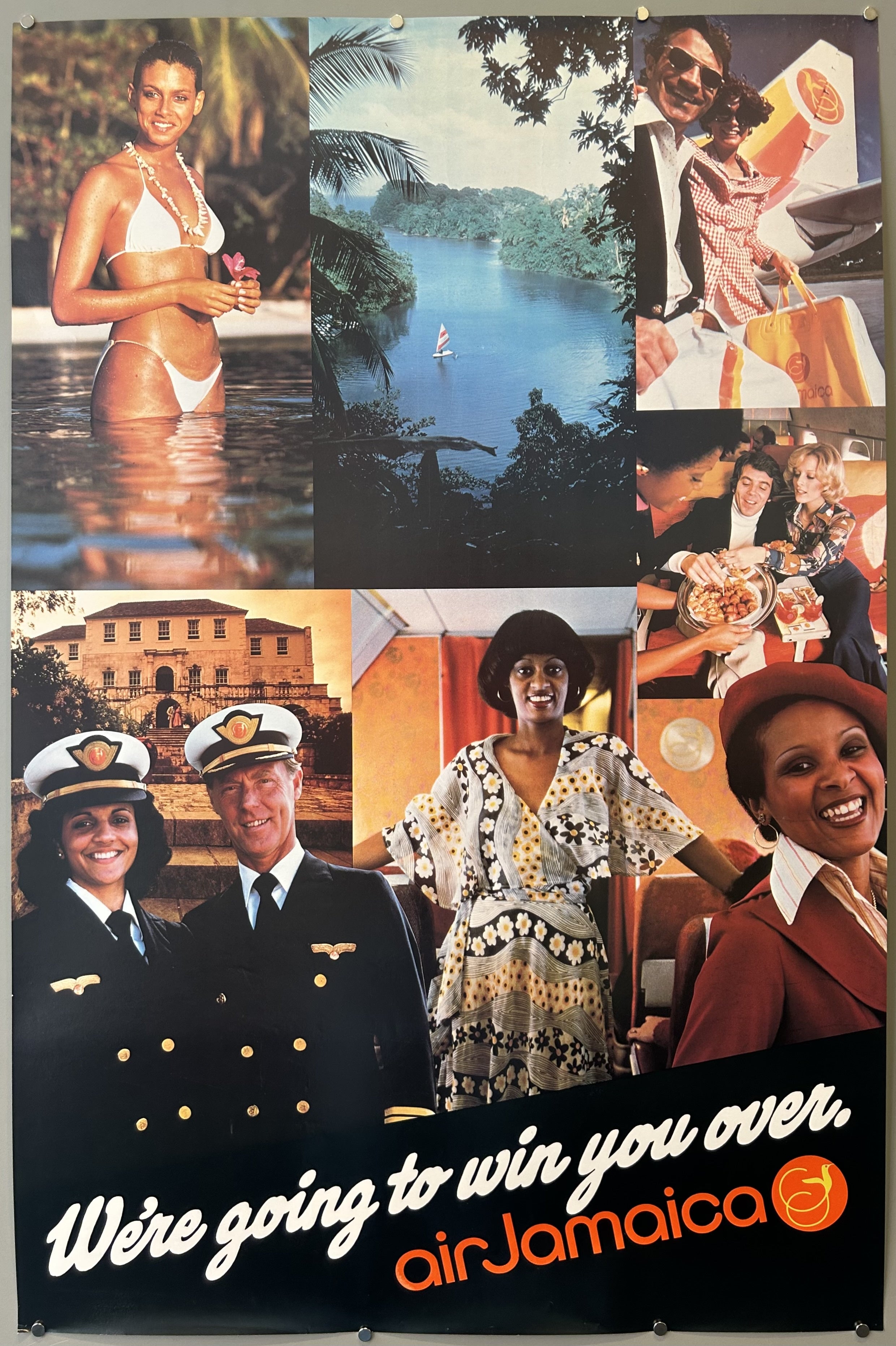 Collage of photos from Air Jamaica flights and of Jamaica in vintage travel poster with text along bottom against black border.