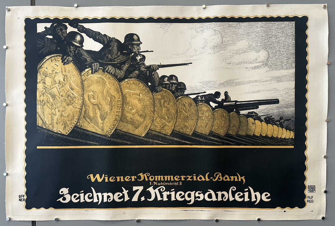 This poster is an Austrian World War I propaganda poster titled "Zeichnet 7. Kriegsanleihe" (Subscribe to the 7th War Loan), created by Alfred Offner in 1917 for the Wiener Kommerzial Bank (Vienna Commercial Bank)
