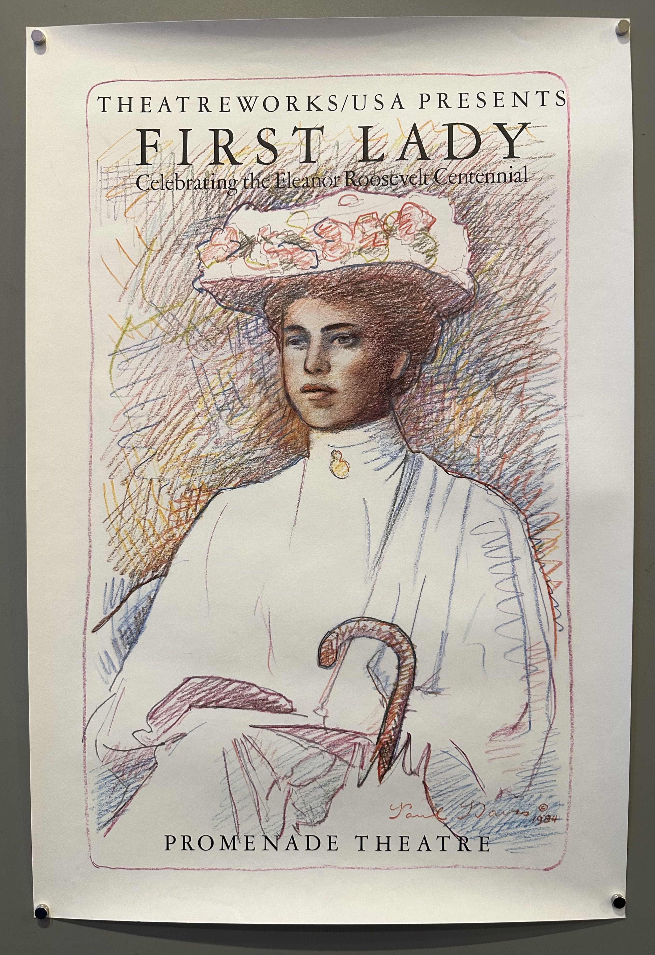 A young Eleanor Roosevelt is sketched in colored pencils in this poster for a play at the Promenade Theatre.