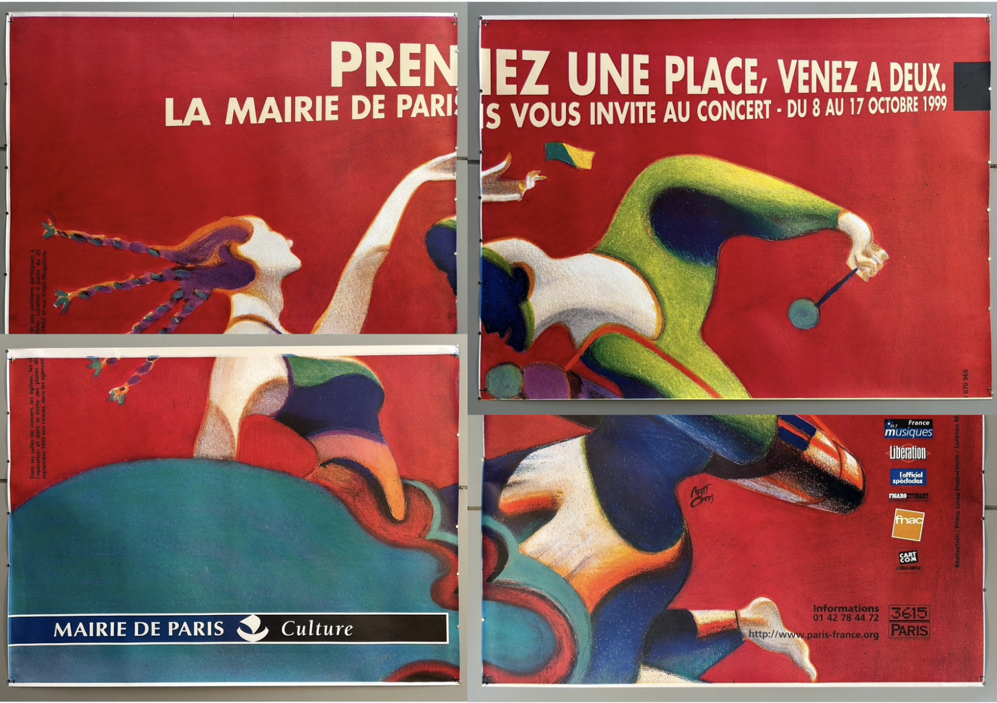 "Promotional poster for a concert in Paris by the Mairie de Paris, October 8-17, 1999. The poster features dynamic, colorful illustrations of abstract figures in motion against a vibrant red background. Text reads: 'PRENEZ UNE PLACE, VENEZ A DEUX. PARIS VOUS INVITE AU CONCERT - DU 8 AU 17 OCTOBRE 1999', meaning 'Take a seat, come as a couple.