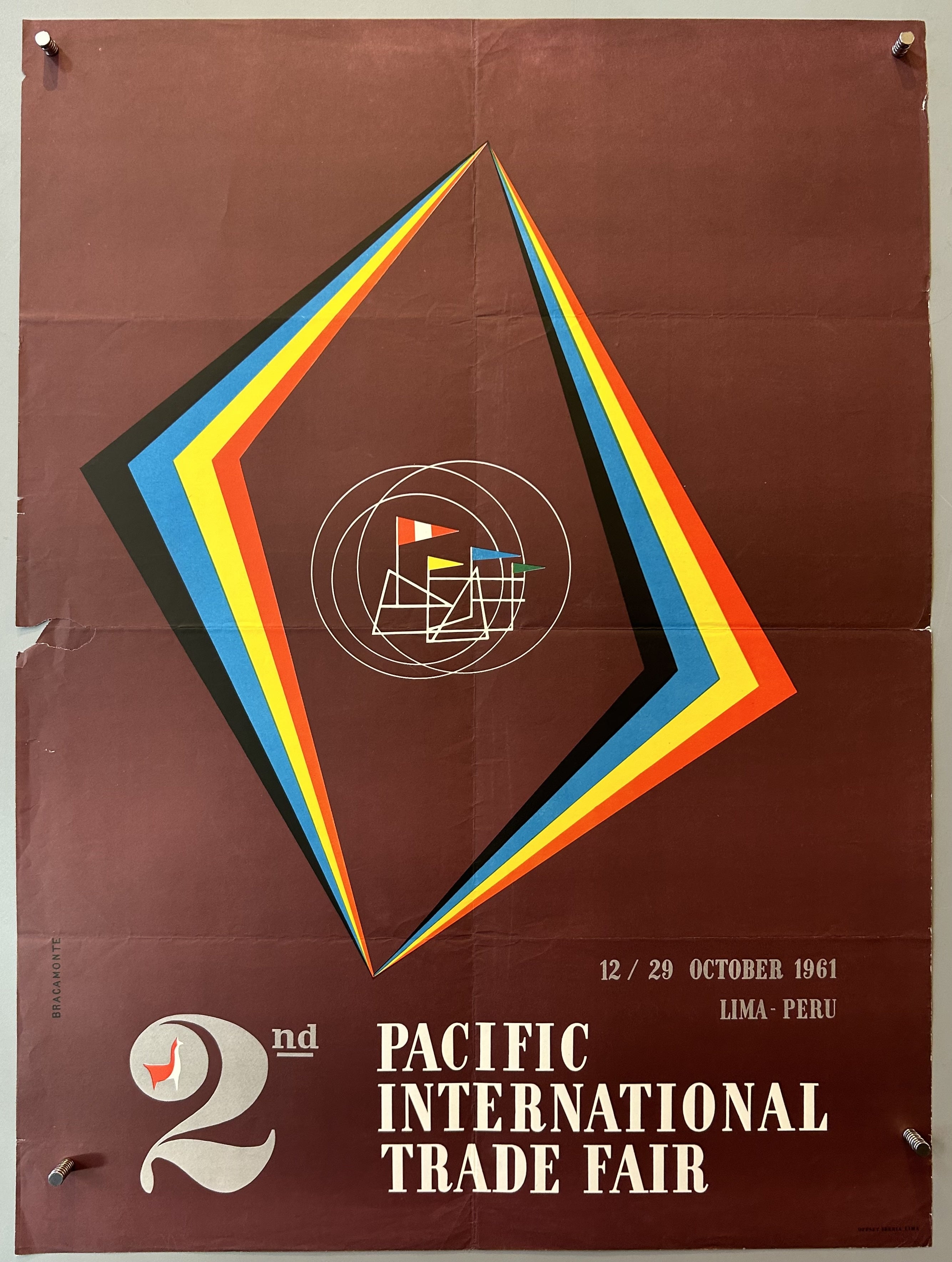 Brown poster with flags and color prism in center, white text along bottom.