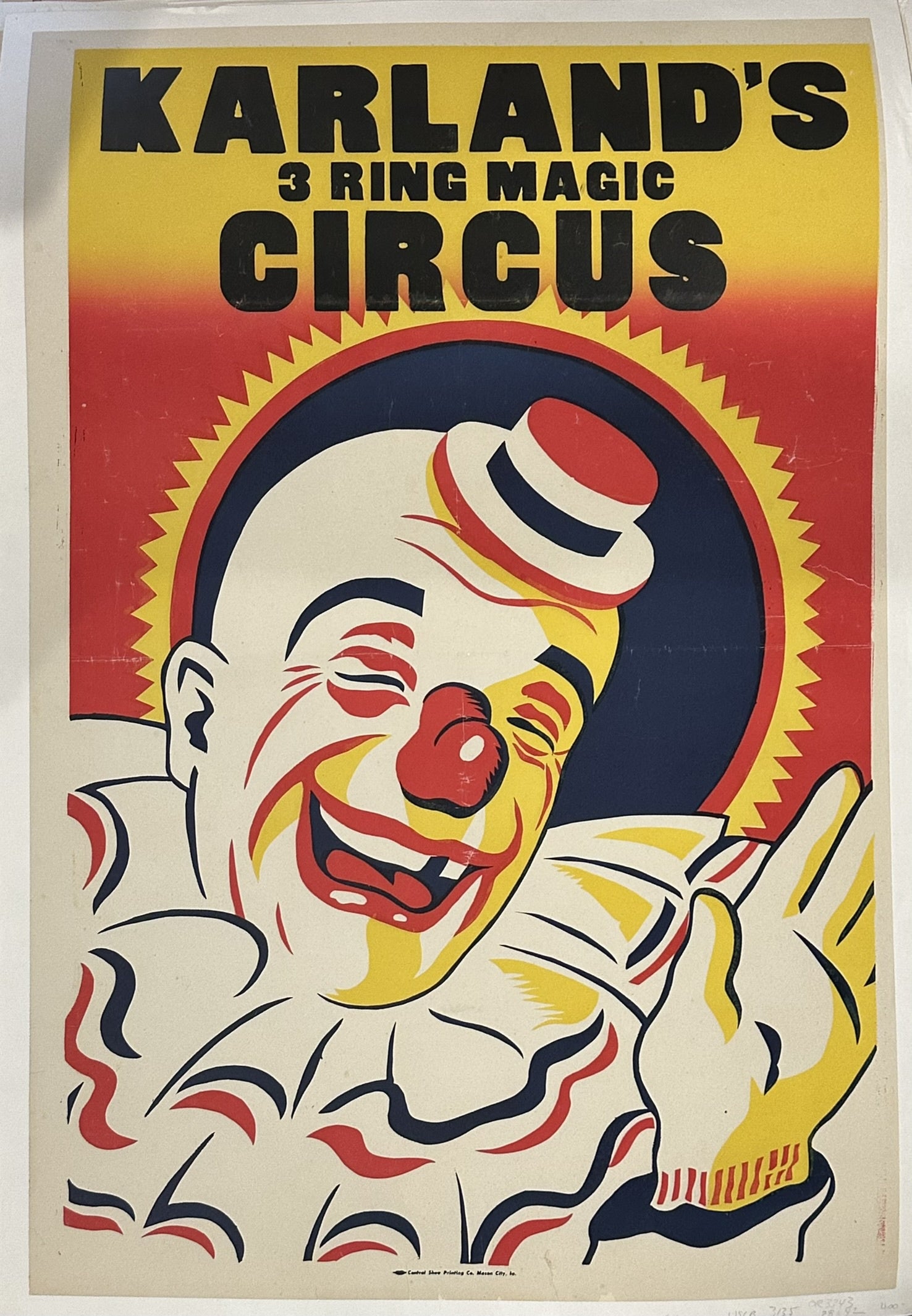 The poster depicts "Karland's 3 Ring Magic Circus" and features a smiling clown in a top hat. It is an original vintage poster from the 1950s, originating from America