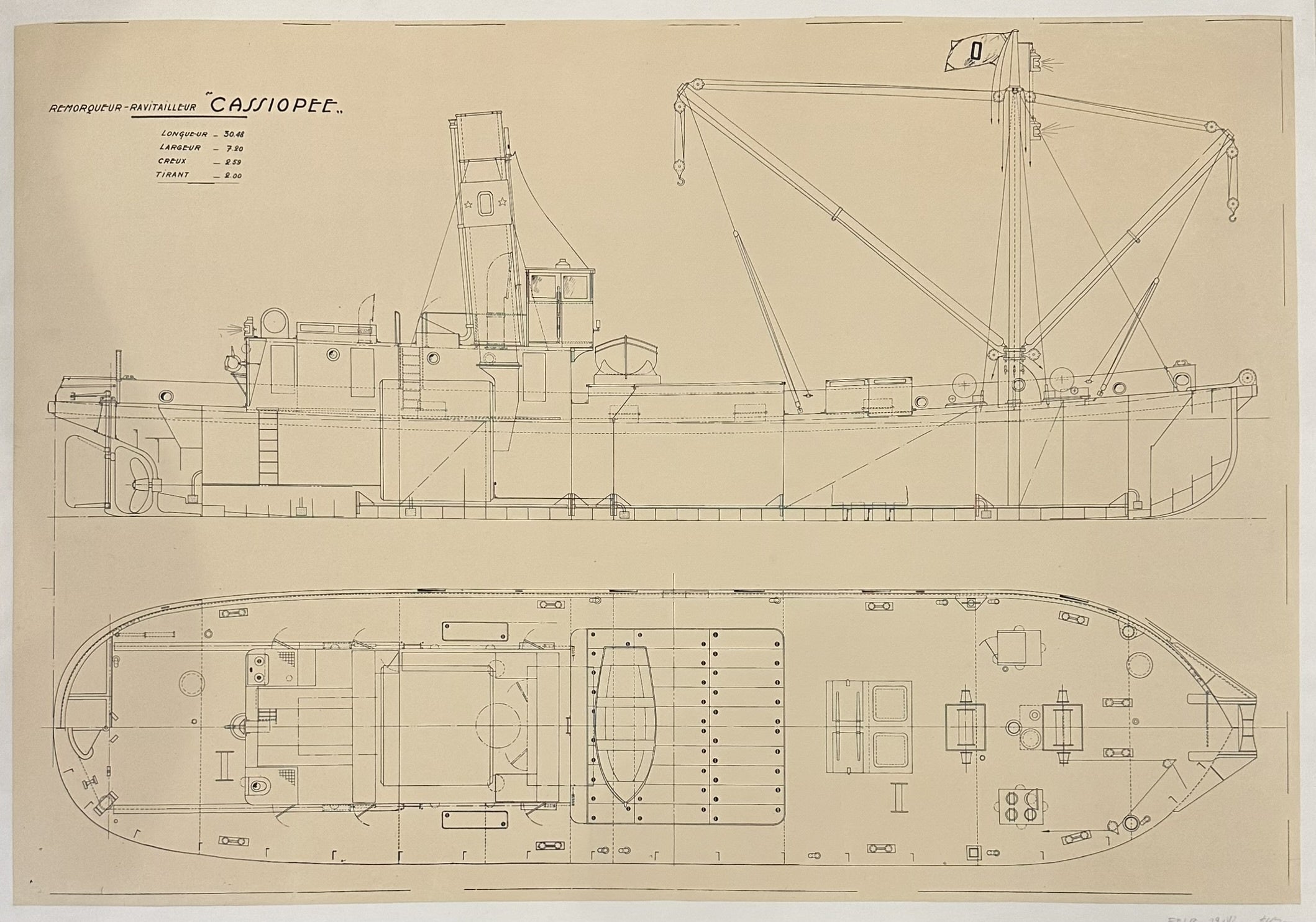 The poster includes key dimensions, such as "Conqueen 30" (likely a displacement or tonnage figure), and "TIRANT" (draft), which are crucial for understanding the ship's specificatio