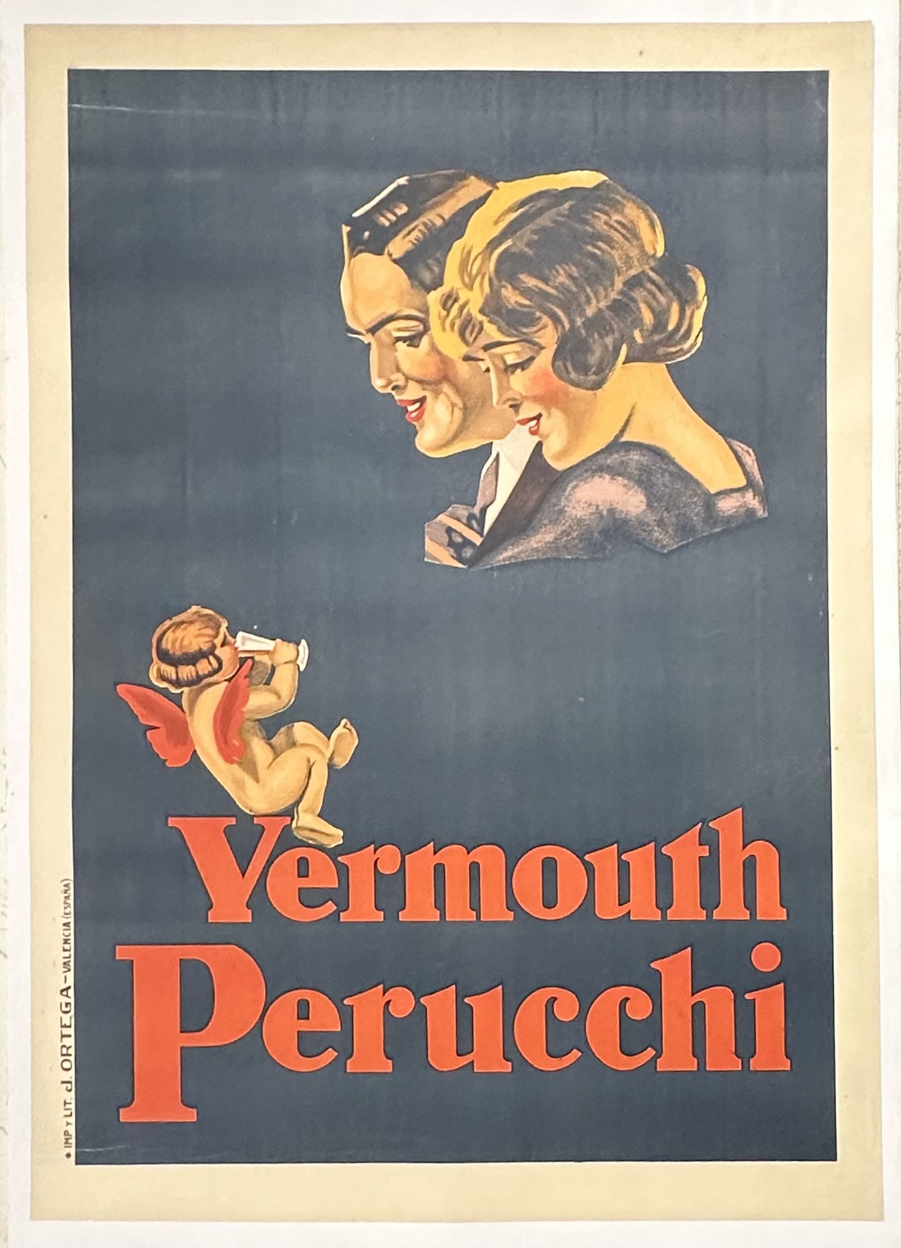 Blue poster with beige border, orange text along bottom with illustrated man, woman, and baby cupid.