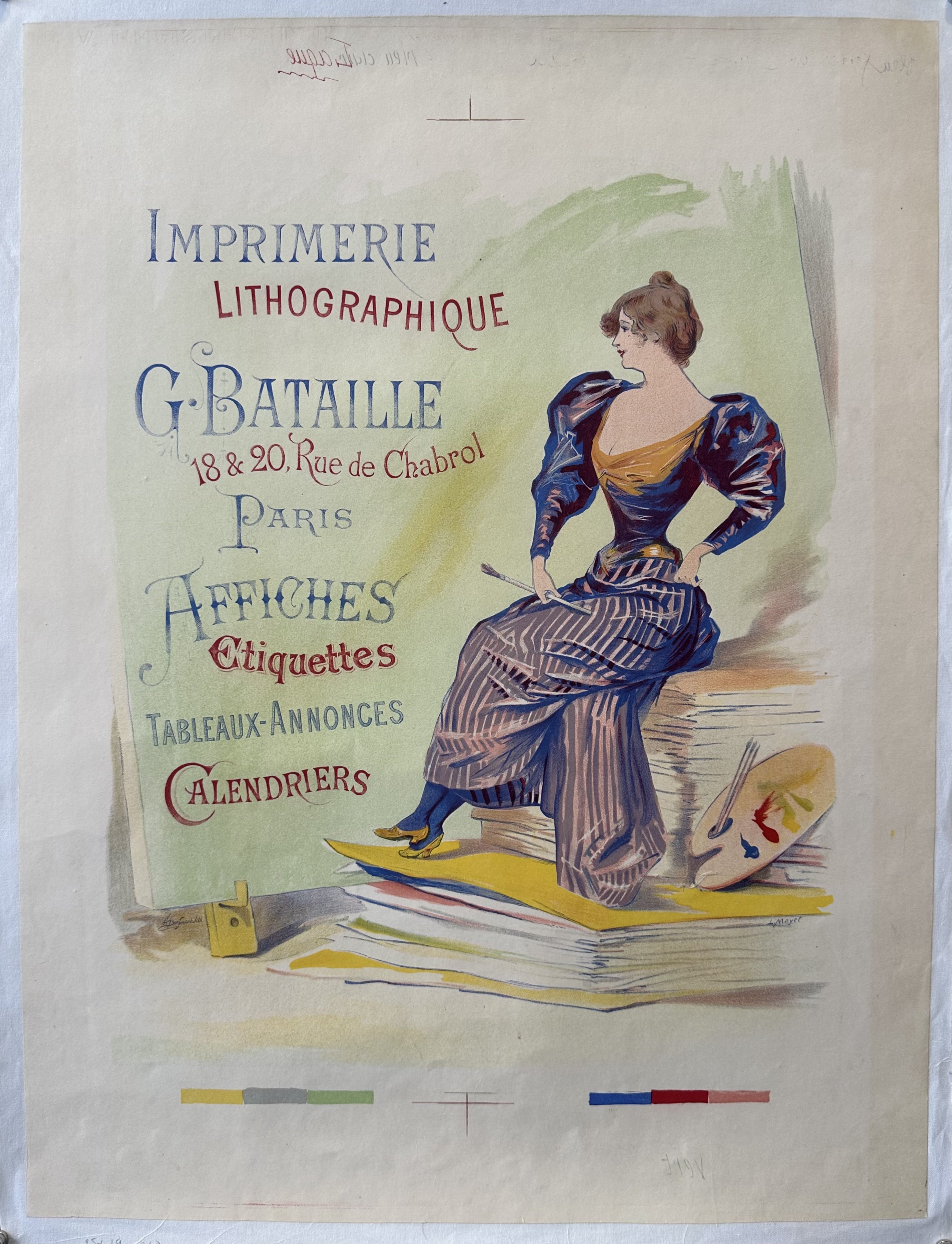 A poster advertising the G. Bataille Lithography Printing Company in Paris, France. A woman in a dark dress and leg-of-mutton sleeves is seated on a stack of books and papers.