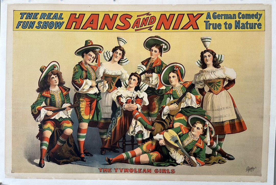 Hans and Nix: A German Comedy True to Nature" featuring "The Tyrolean Girls," depicting a group of seven women in traditional Tyrolean folk costumes, some playing mandolins or lutes.