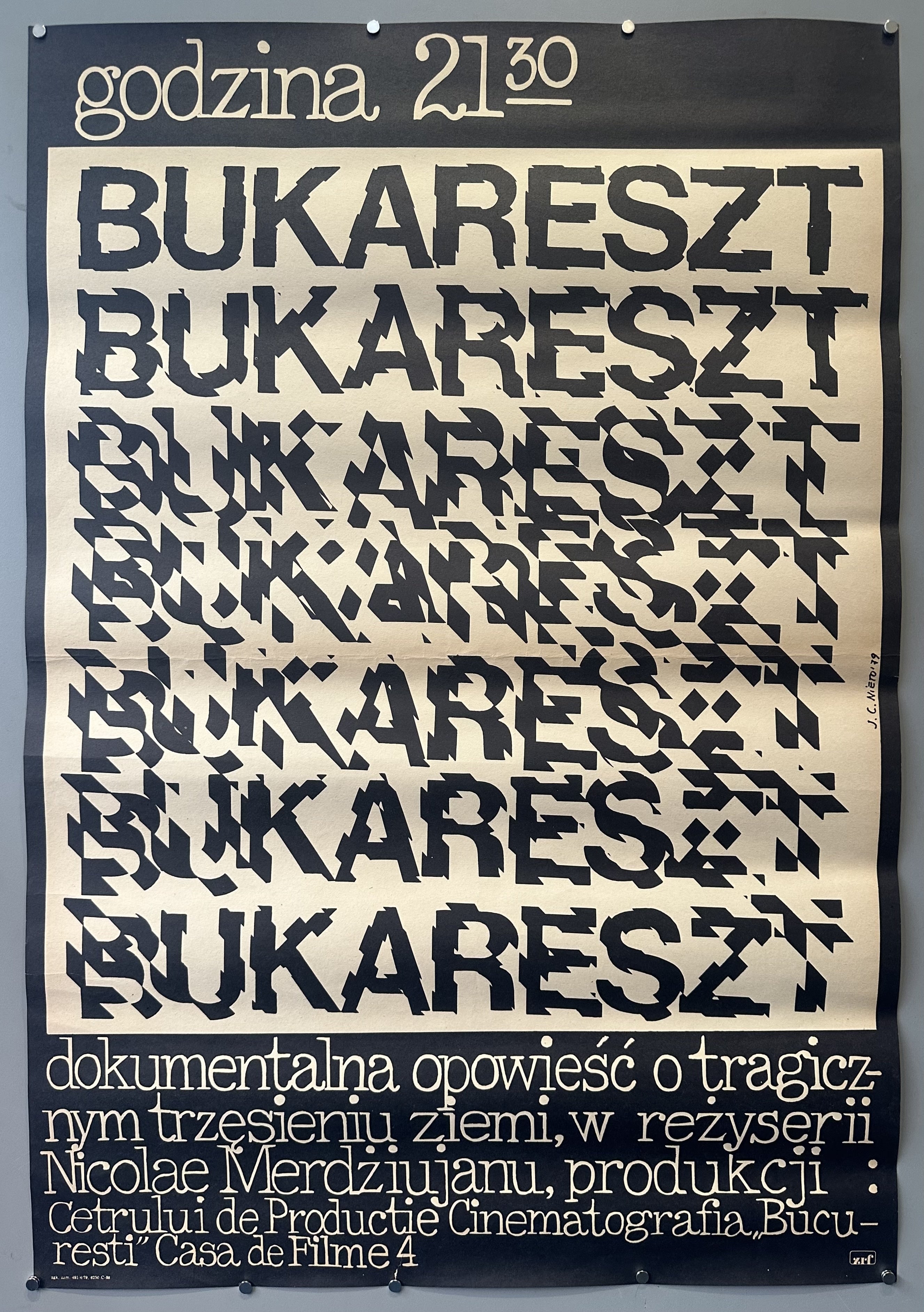 A Polish movie poster for the documentary film "Bucharest, Bucharest" about the 1977 earthquake. The title "Bucharest" is repeated multiple times in distressed typography against a white background, below is Polish text providing information on the film.