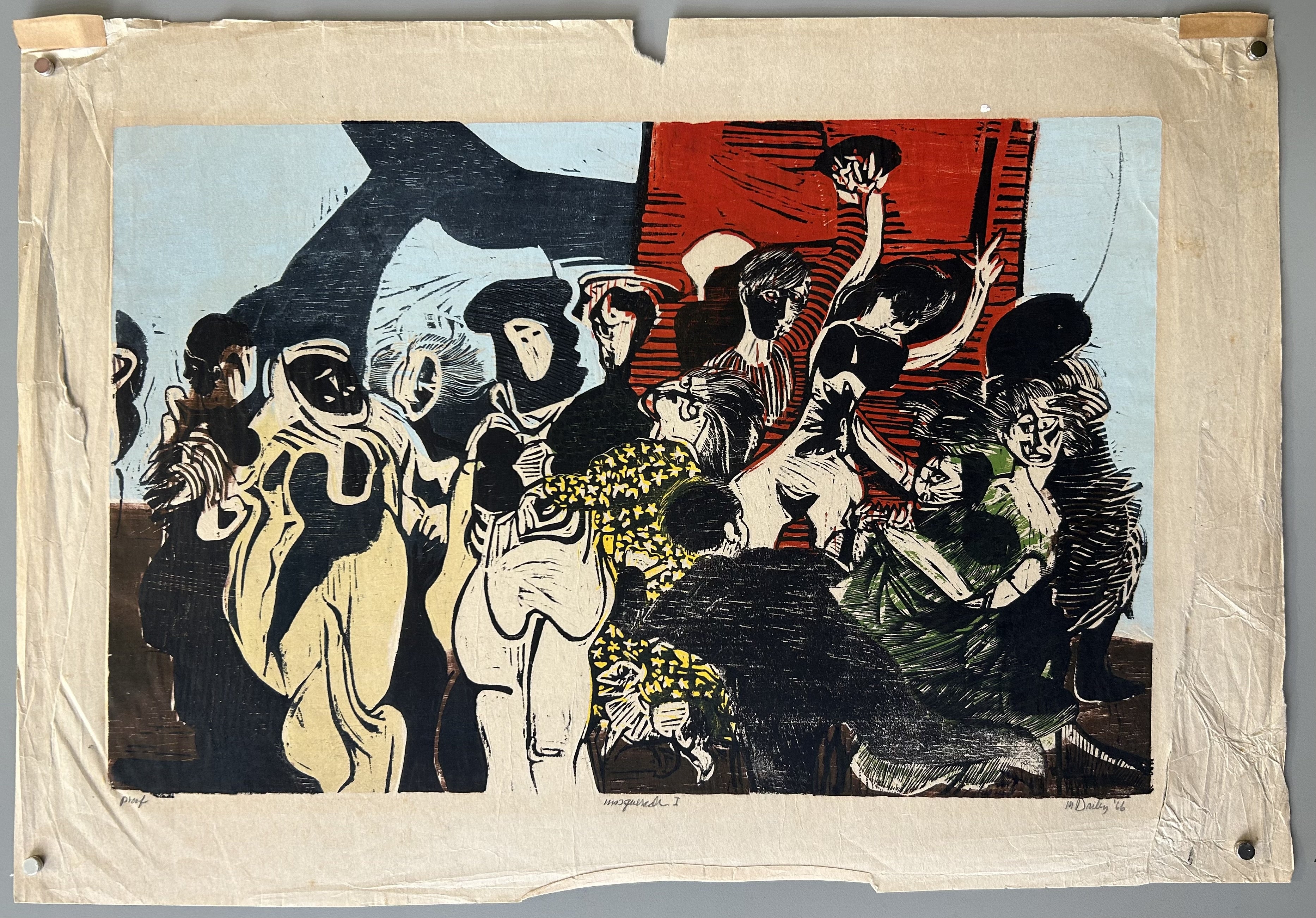 Colorful linocut or woodcut-style poster depicting a lively masquerade scene: a crowd of masked and costumed figures in mid-dance or in motion, some holding fans or raised hands, against a dramatic background of red, blue, black, and earthy tones
