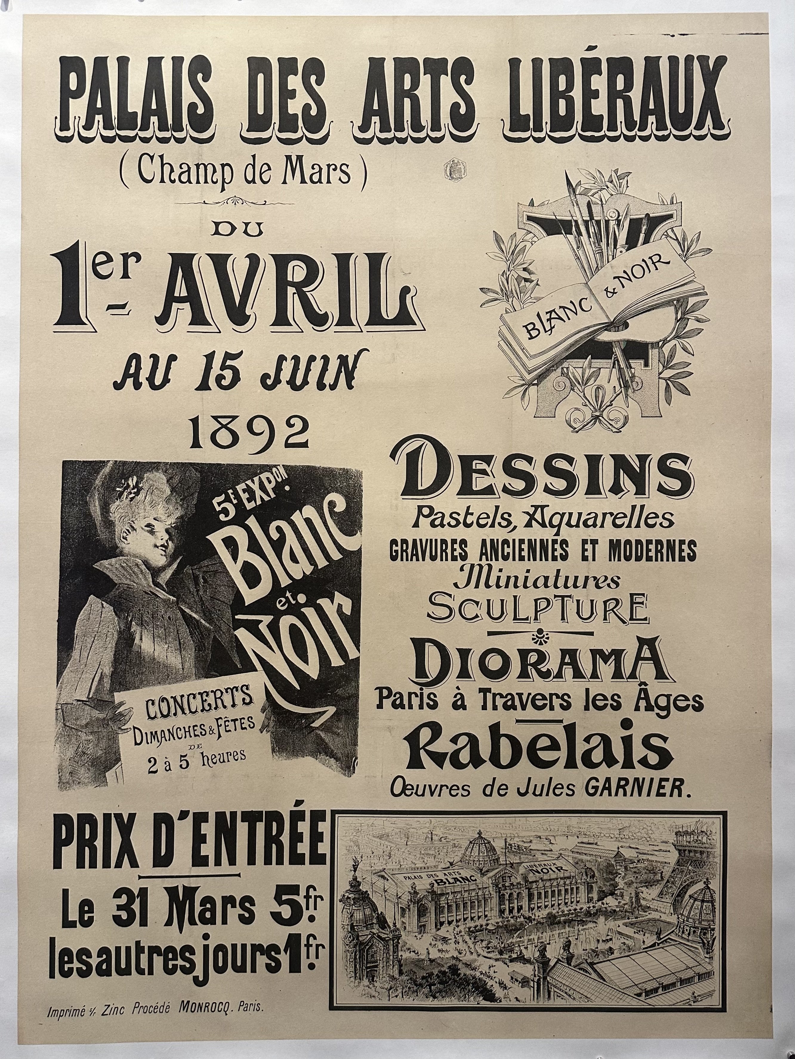 Black text against an off-white backgorund with small photos of symbols of the art exhibition in this poster