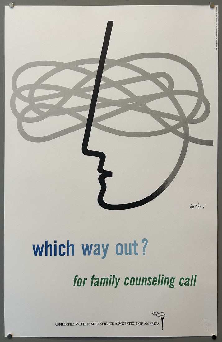 This poster, titled "Which Way Out?", was designed by Leo Lionni in 1954. It was commissioned by the Museum of Modern Art (MoMA) in New York as an advertisement for the Family Service Association of America.