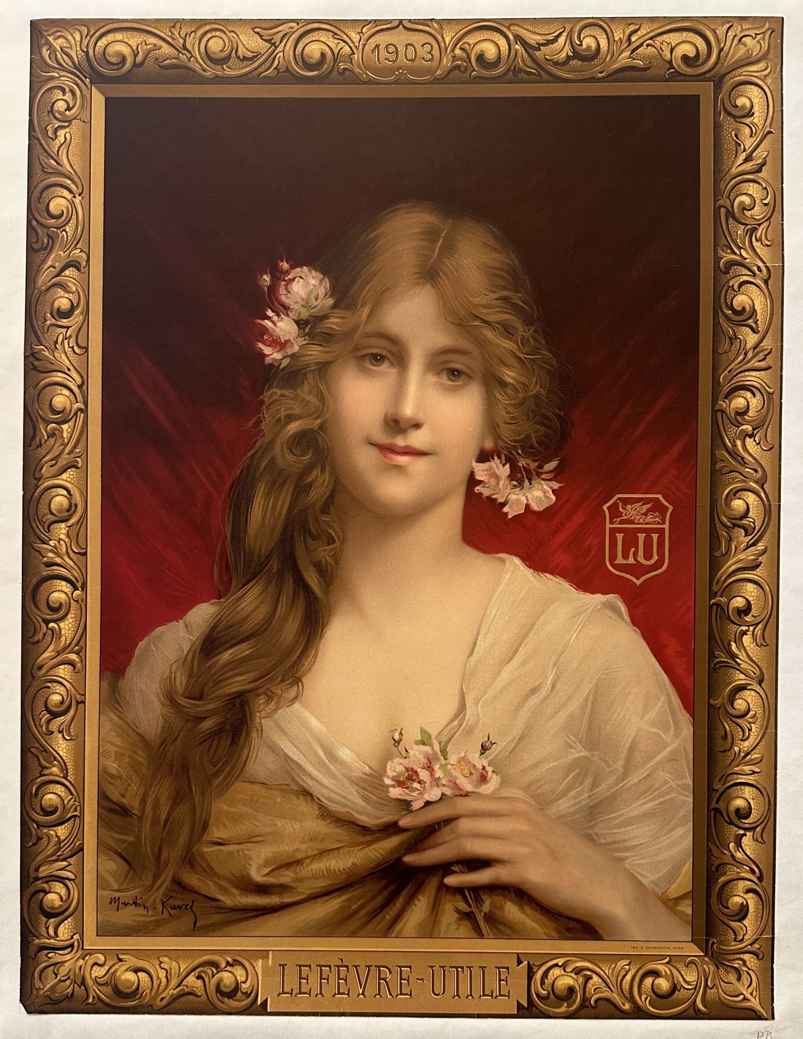 A portrait of a woman with a gold frame illustrated around her.