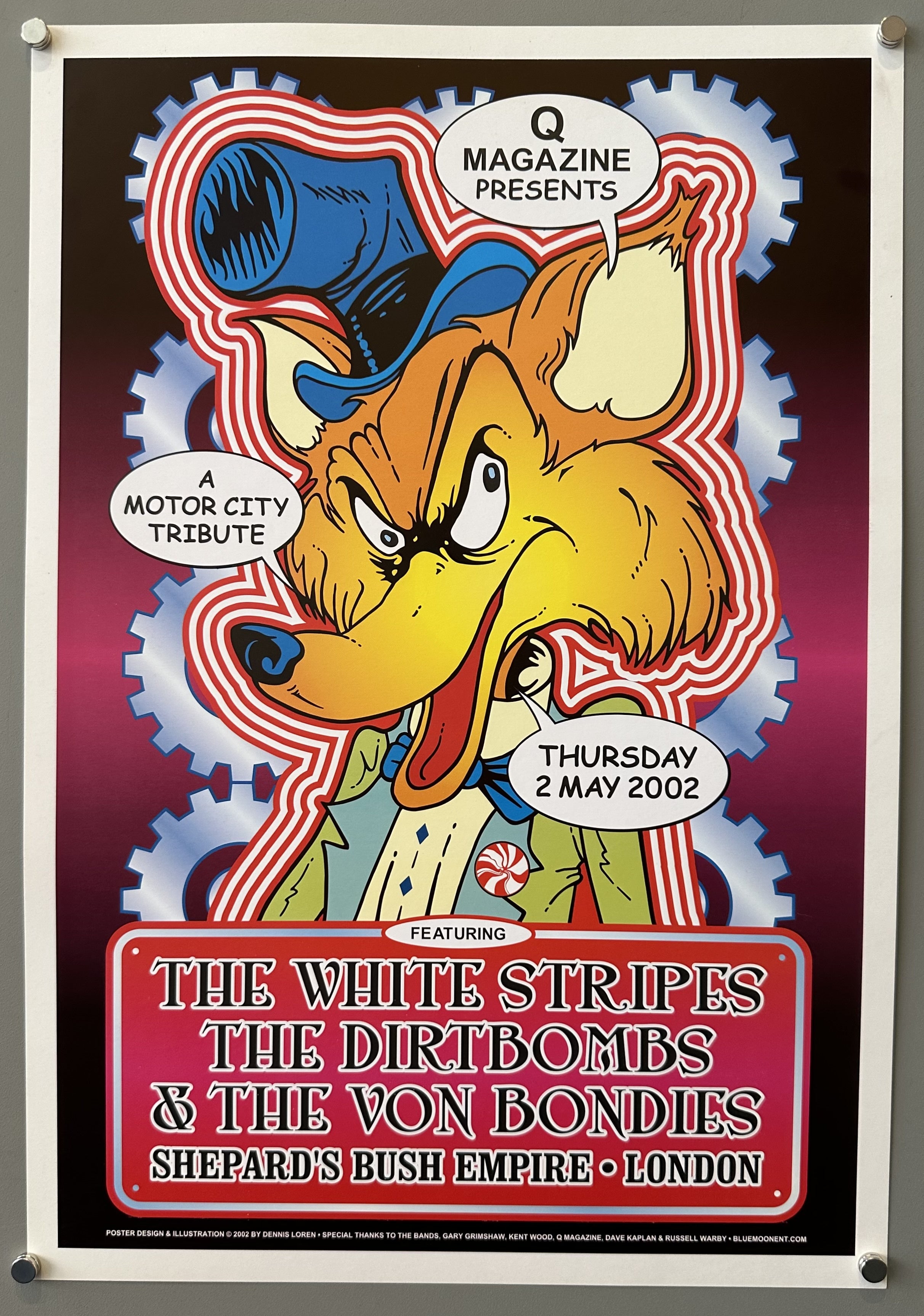 A concert poster for "Q Magazine Presents: A Motor City Tribute" featuring The White Stripes, The Dirtbombs, and The Von Bondies at Shepherd's Bush Empire, London, on Thursday, May 2, 2002. The poster features a stylized, anthropomorphic fox-like character with a top hat and suit jacket, surrounded by gear-like shapes and text bubbles