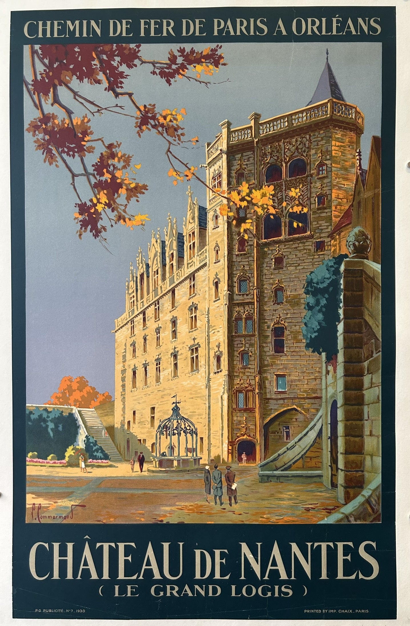 The image displays a vintage French travel poster promoting the "Chemin de Fer de Paris à Orléans" (Paris to Orleans Railway) and featuring the Château de Nantes, also known as the Château des ducs de Bretagne (Castle of the Dukes of Brittany), specifically highlighting "Le Grand Logis" (The Great Dwelling).