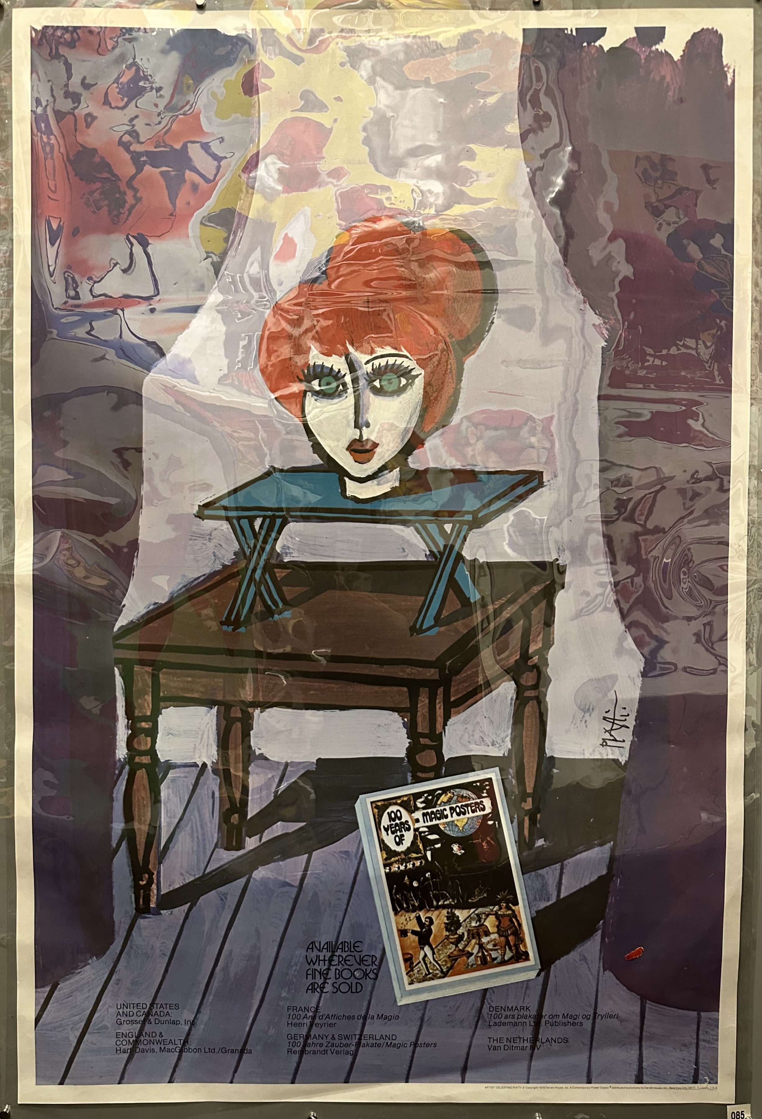 Illustration of a headless woman on a table by Piatti to advertise a book of magic posters.