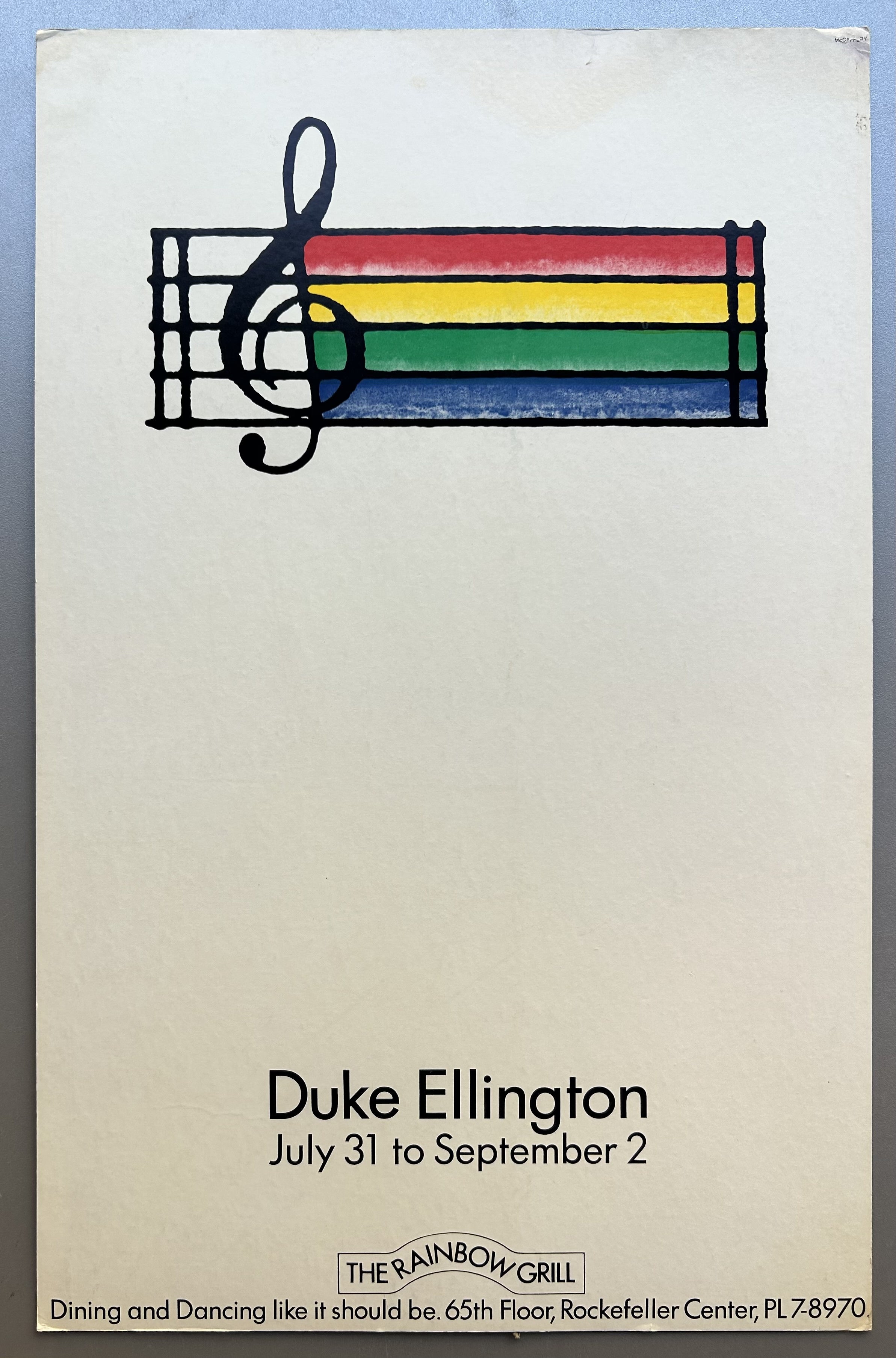 White poster with black text and rainbow sheet music with g clef to promote Duke Ellington performing at The Rainbow Grill.