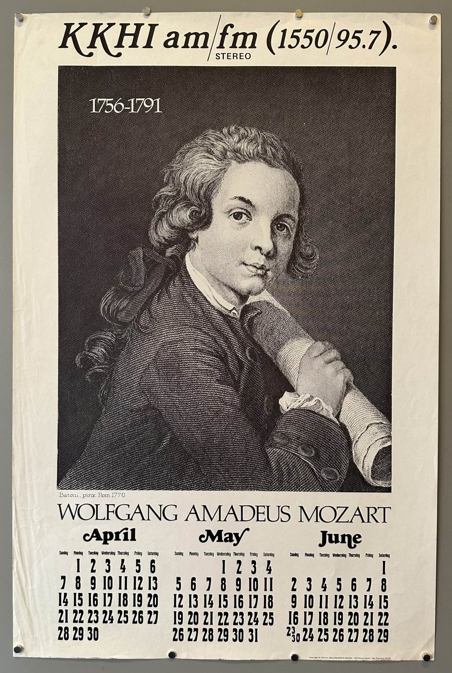 Black and white portrait of Wolfgang Amadeus Mozart with the dates "1756-1791" above him. The top of the poster reads "KKHI am/fm (1550/95.7) STEREO"