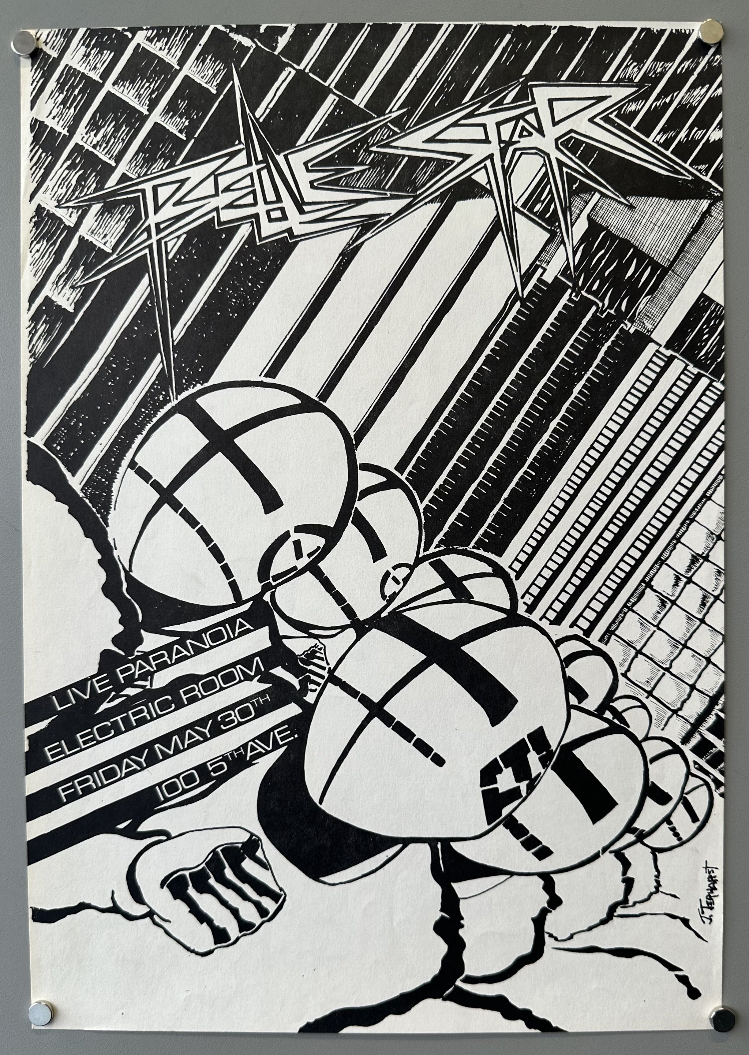 The poster features a striking, stylized graphic design with geometric patterns and abstract shapes, including spheres with cross markings and a distinct, angular typeface for the event title at the top. The artist's signature, "FERWARST," is visible in the lower right corner.