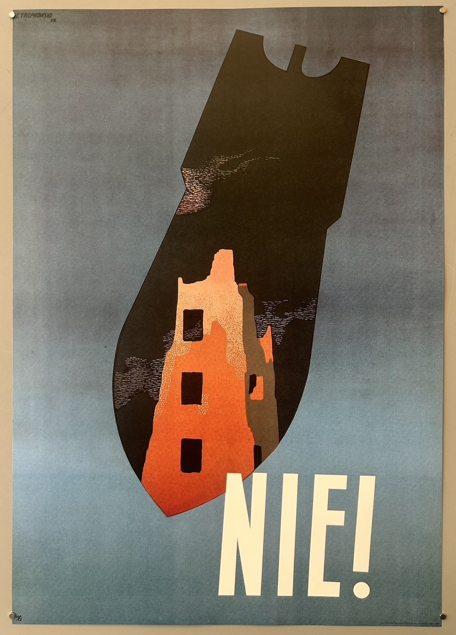 The poster powerfully conveys an anti-war message by depicting a ruined city within the silhouette of a falling bomb, symbolizing the devastation caused by aerial bombardment and the plea against further conflict.