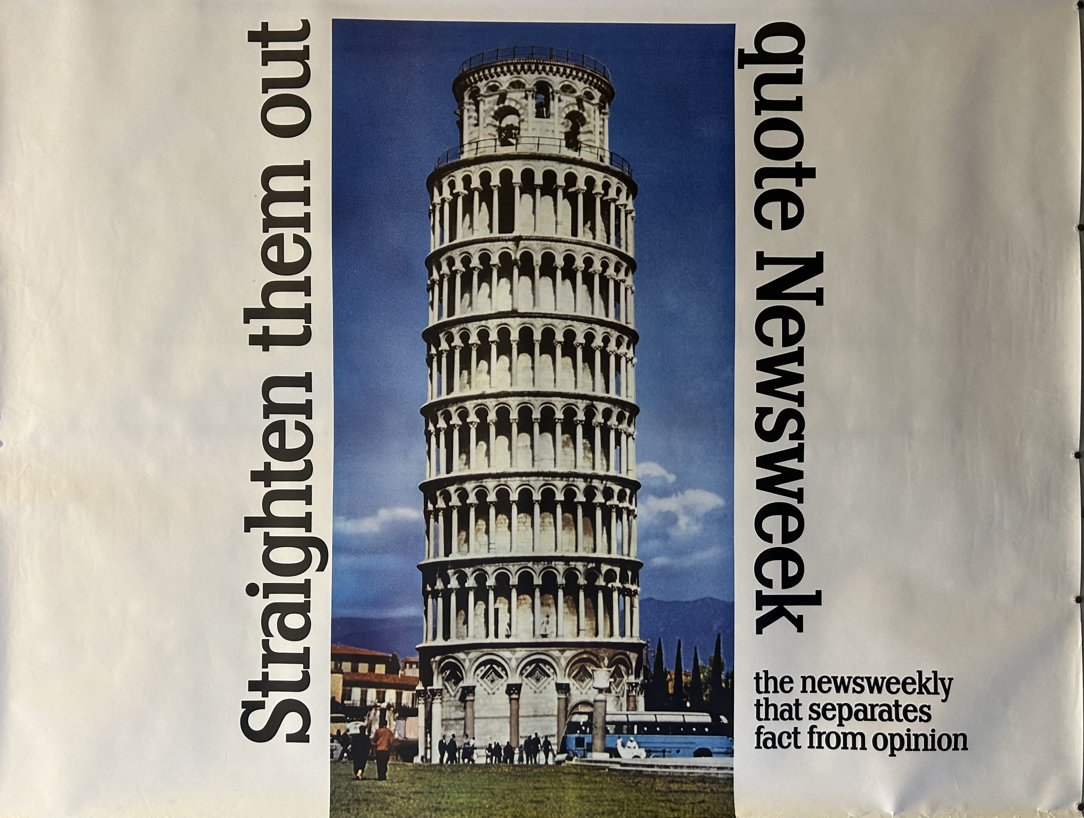 The poster featuring the Leaning Tower of Pisa and the "quote Newsweek" slogan is a vintage Pan Am Airlines travel poster from 1959. It is part of a series of vintage airline travel advertisements promoting destinations accessible via Pan Am's "Jet Clipper" service.